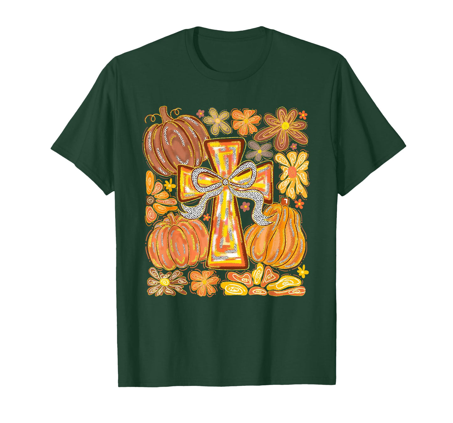 Fall Cross Pumpkins & Flowers Christian Autumn Faith Women T-Shirt