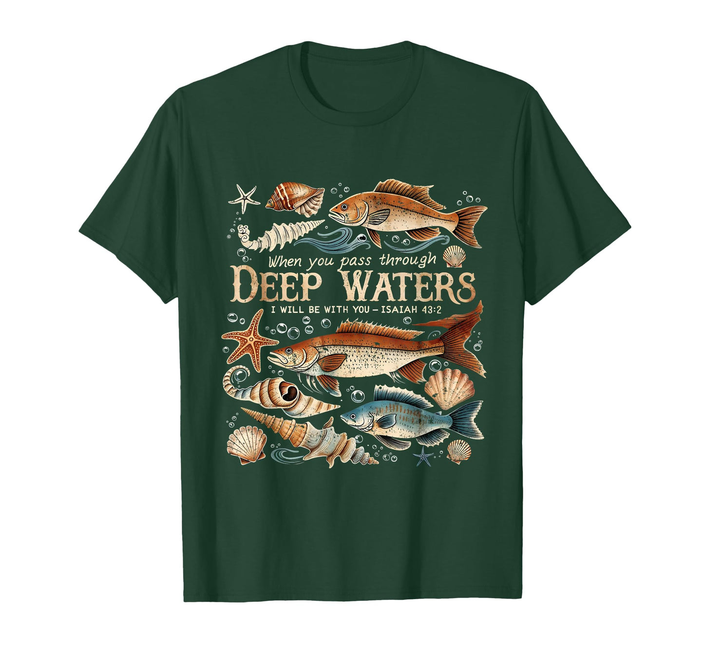 Deep Waters Isaiah 43:2 Bible Ocean Fish Scene T-Shirt