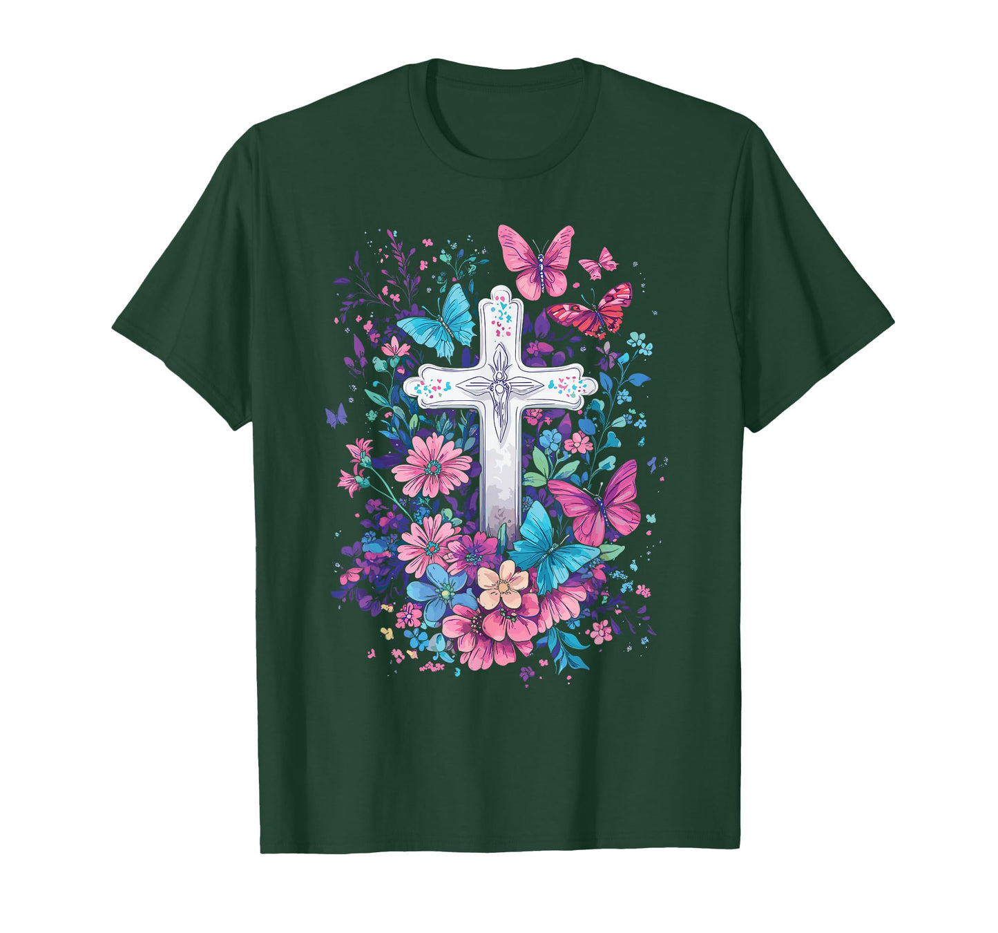 Christian Cross With Floral Butterflies for Easter T-Shirt
