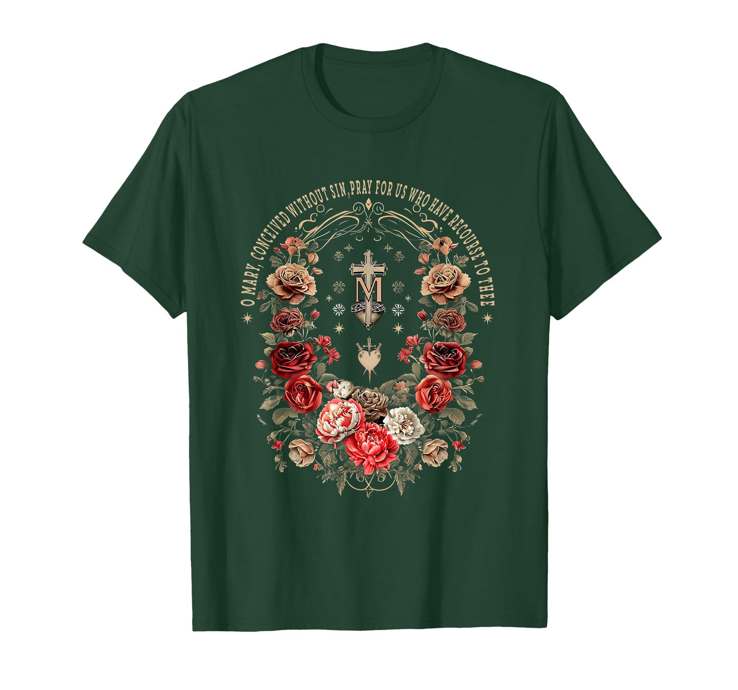 Marian Catholic Virgin Mary Marian Floral Cross Religious T-Shirt