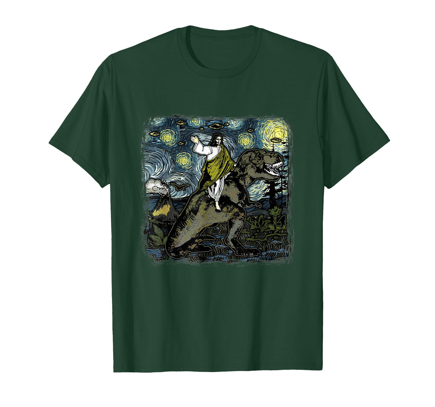 Jesus Riding Dinosaur Starry Night Funny Men Women UFOs T-Shirt