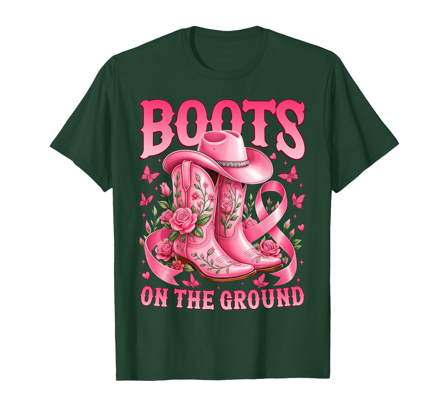Boots On The Ground Breast Cancer Awareness Pink Ribbon T-Shirt