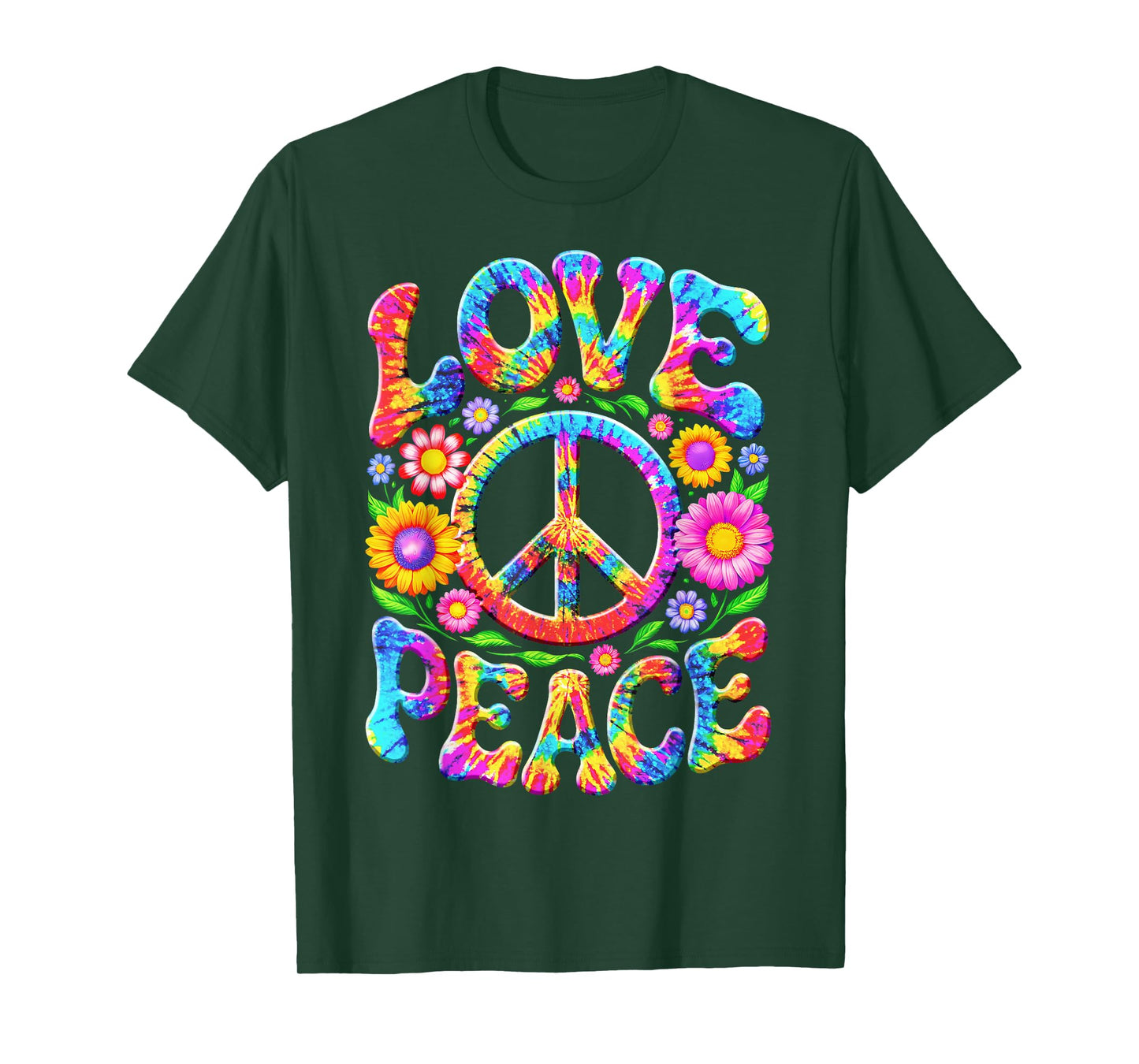 Colorful Flowers Love Peace Sign 60s 70s Tie Dye Floral T-Shirt