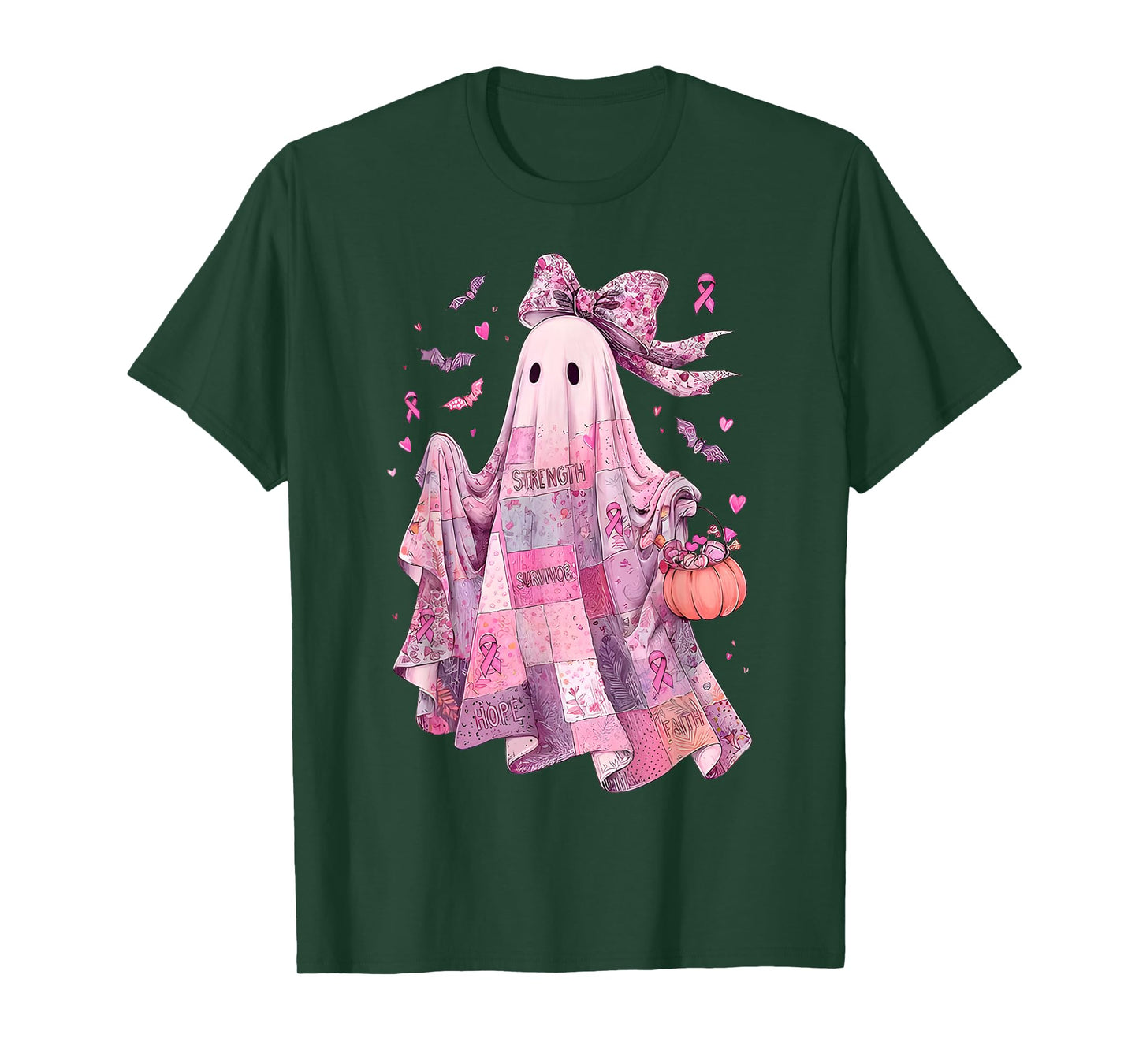 Breast Cancer Awareness Ghost, Pink Ribbon Patchwork Ghost T-Shirt