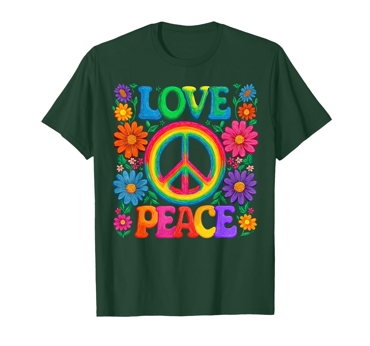 Floral Peace Love Sign Flowers 60s 70s Hippie Costume Party T-Shirt