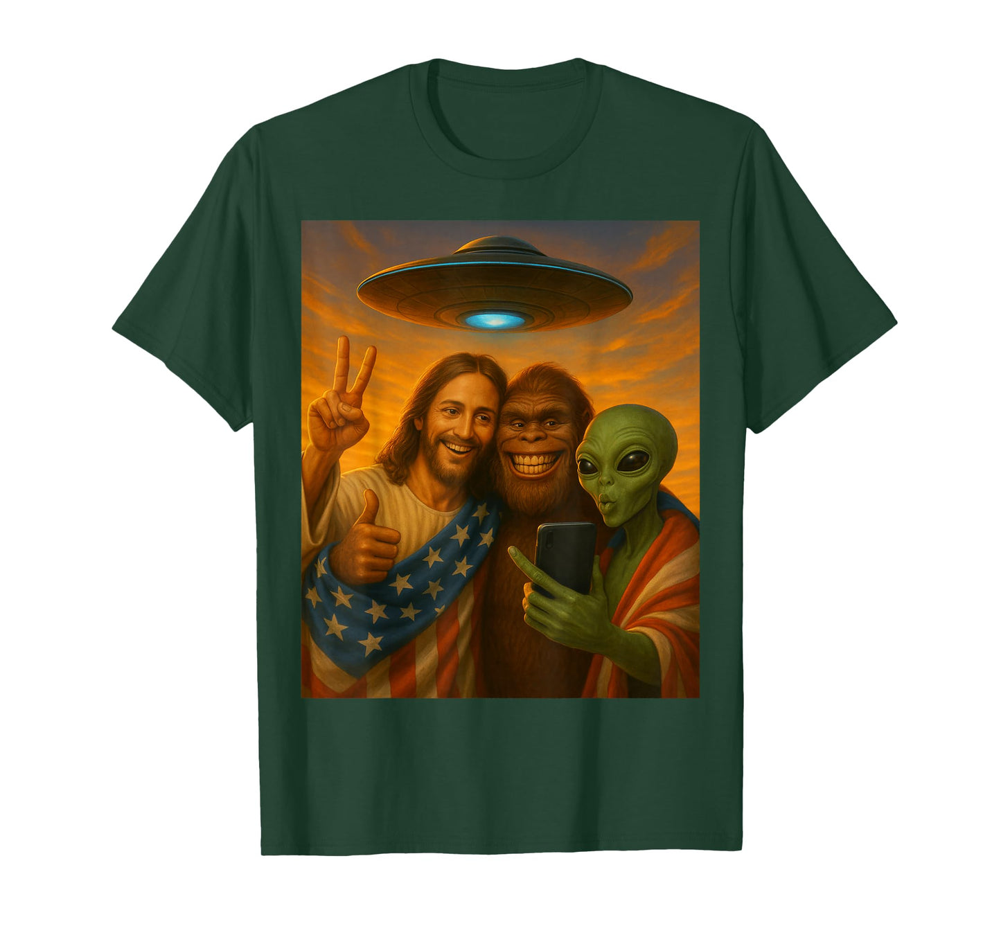 Jesus Selfie with Alien Bigfoot Funny Patriotic US Christian T-Shirt