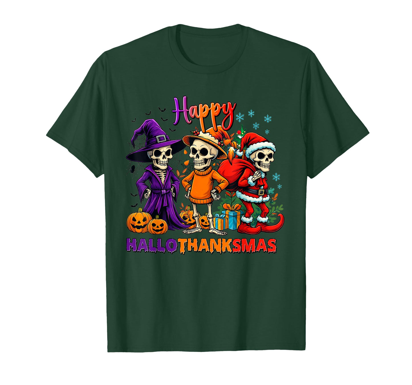 Funny Happy Hallothanksmas Skeleton For Men Women Kids T-Shirt