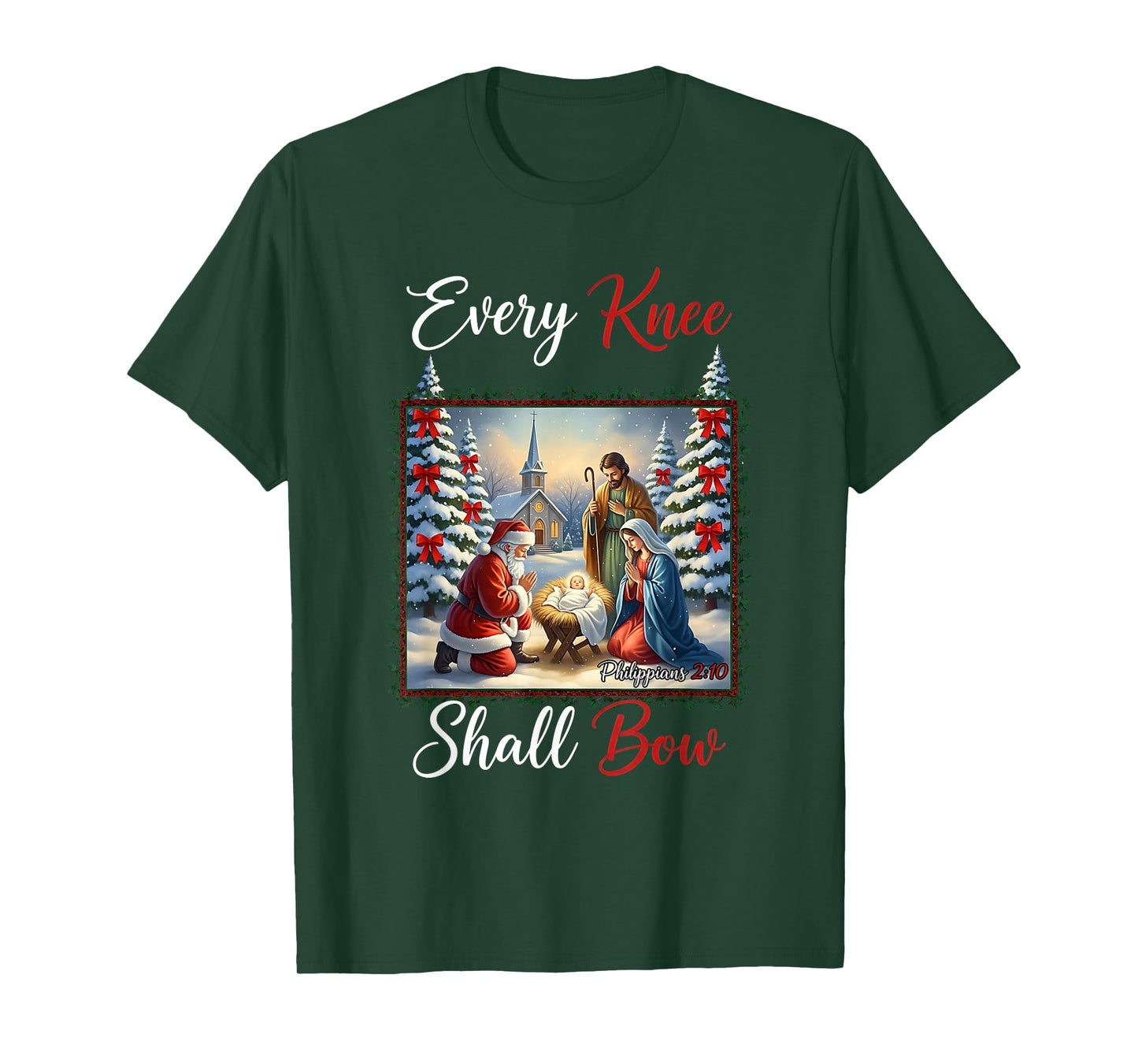 Every Knee Shall Bow Santa Christmas Nativity Scene Xmas T-Shirt