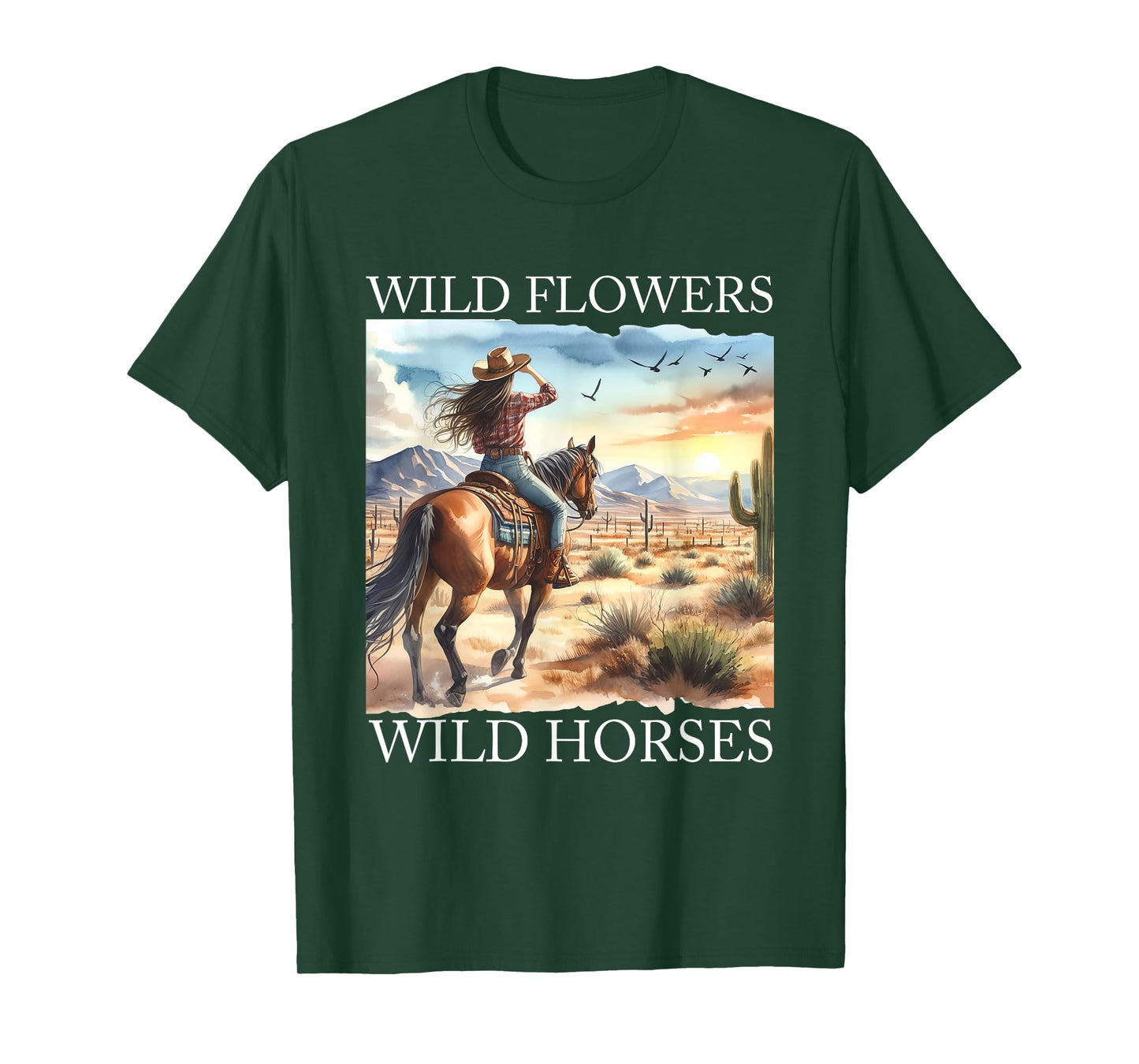 Sunset Cowgirl Riding Horse Wild Flowers - Wild Horses T-Shirt