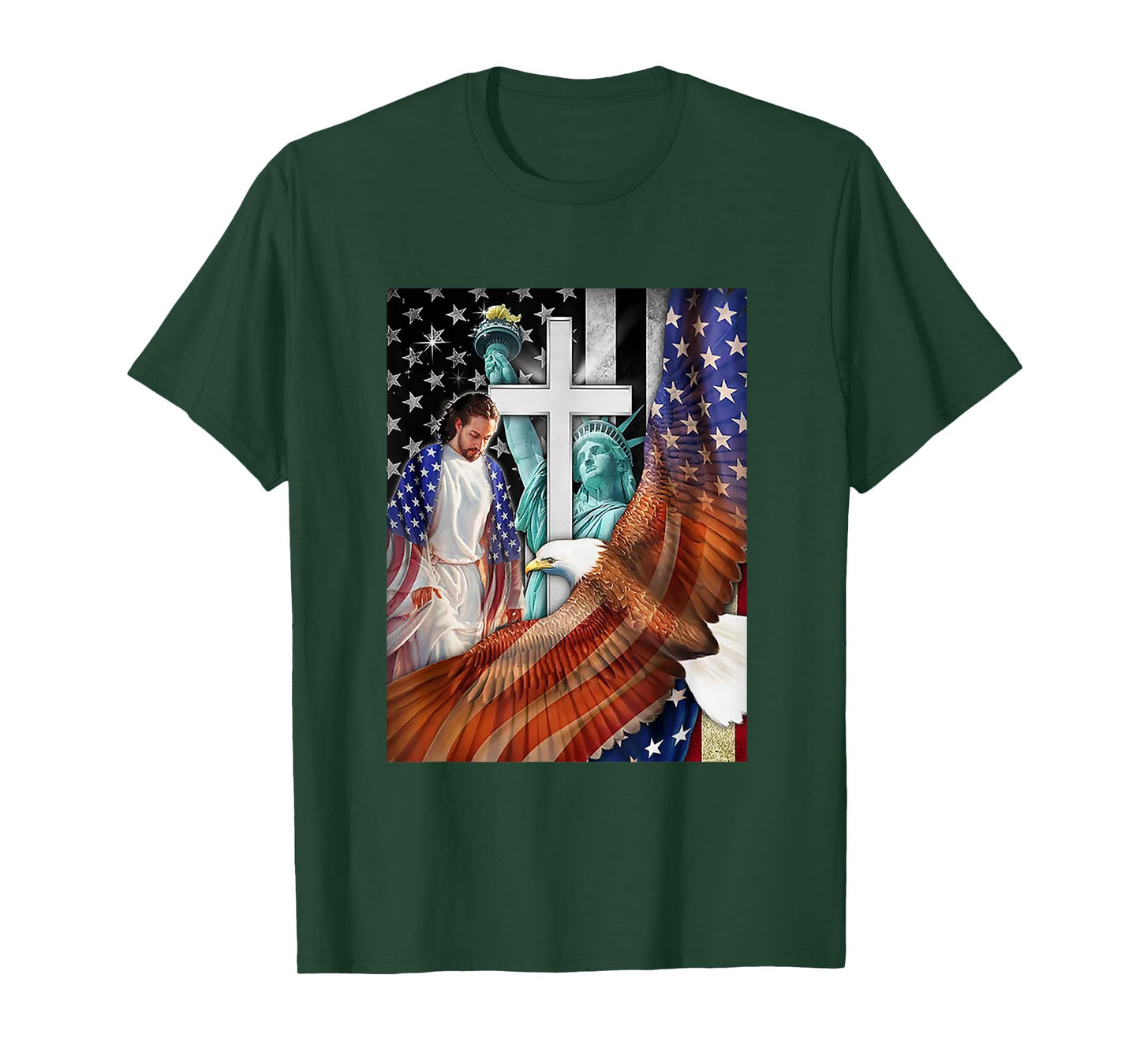Bald Eagle with Jesus Christ and American Flag Women Kids Men T-Shirt