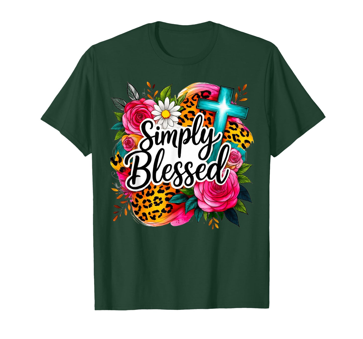 Simply Blessed Floral Cross Faith Design T-Shirt