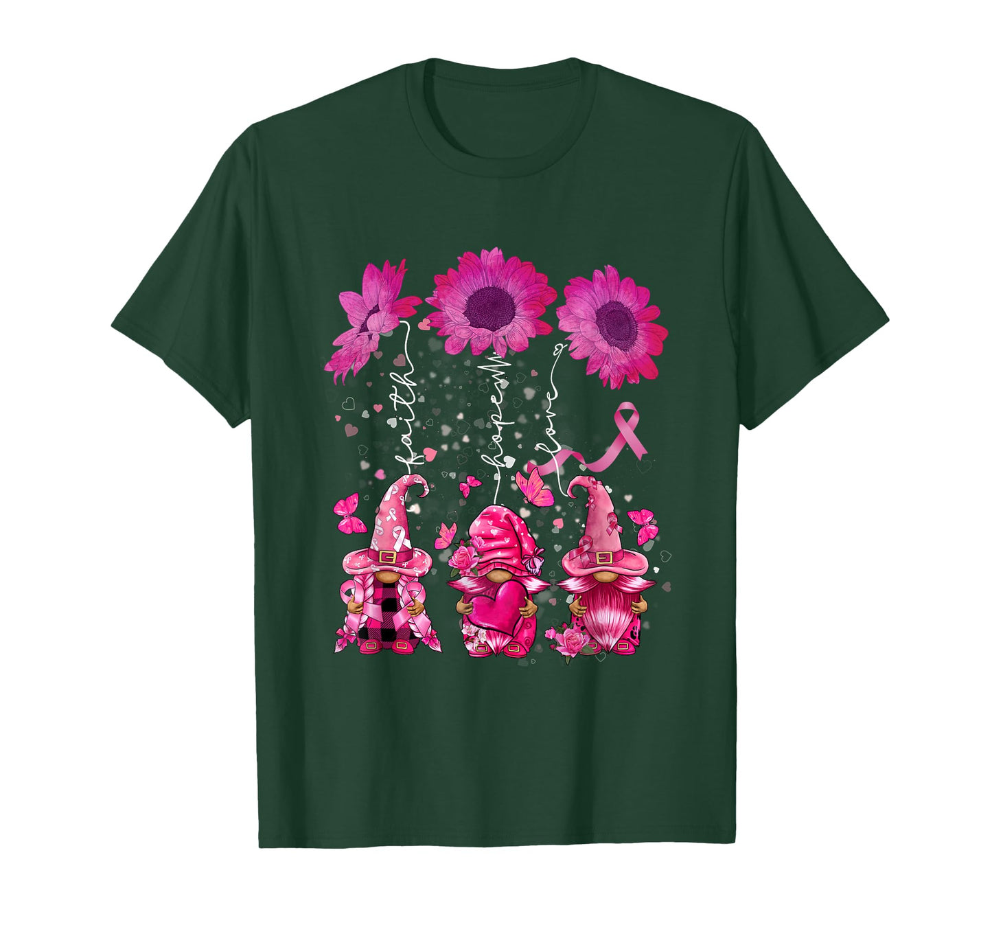 Faith Hope Love Gnome Ribbon Breast Cancer Awareness Flower T-Shirt