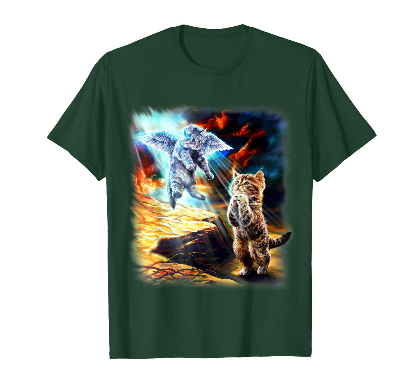 Angel Cat and Praying Companion in Fiery Sky Men Women Kids T-Shirt