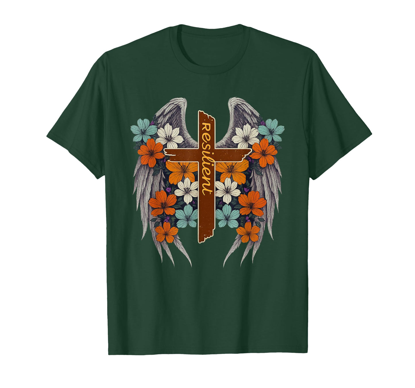 Angel Wings Cross Religious Resilient Boho Flowers Vintage T-Shirt