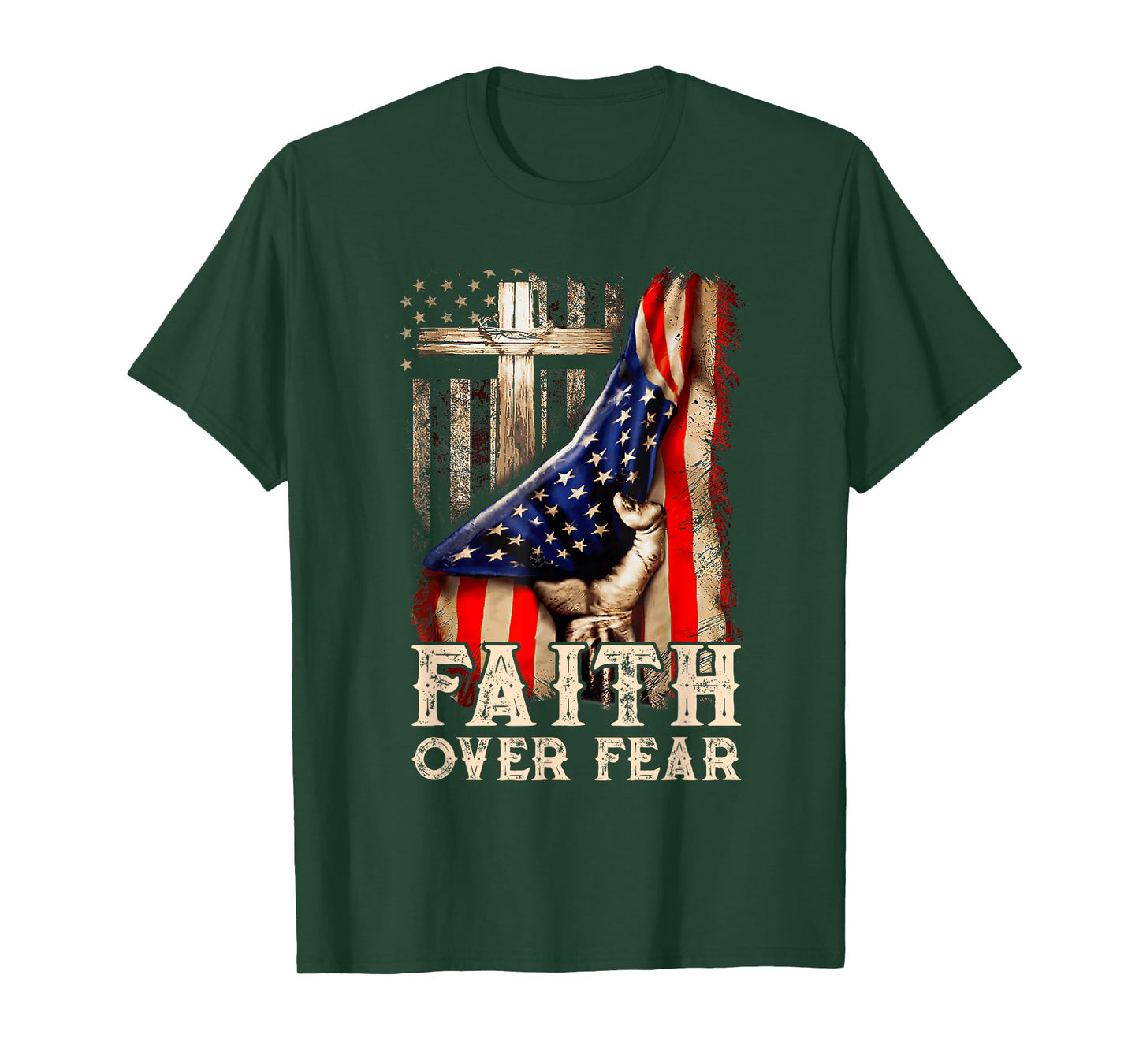 Christian US USA Flag American Christ Faith Over Fear Cross T-Shirt