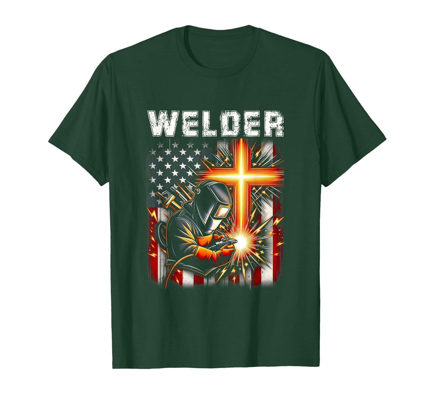 Welder American Flag Welding Faith Cross Christian Religious T-Shirt