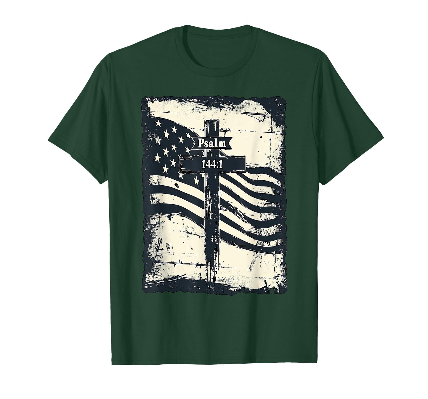 Psalm 144:1 Vintage US Flag Christian Cross Bible Verse T-Shirt