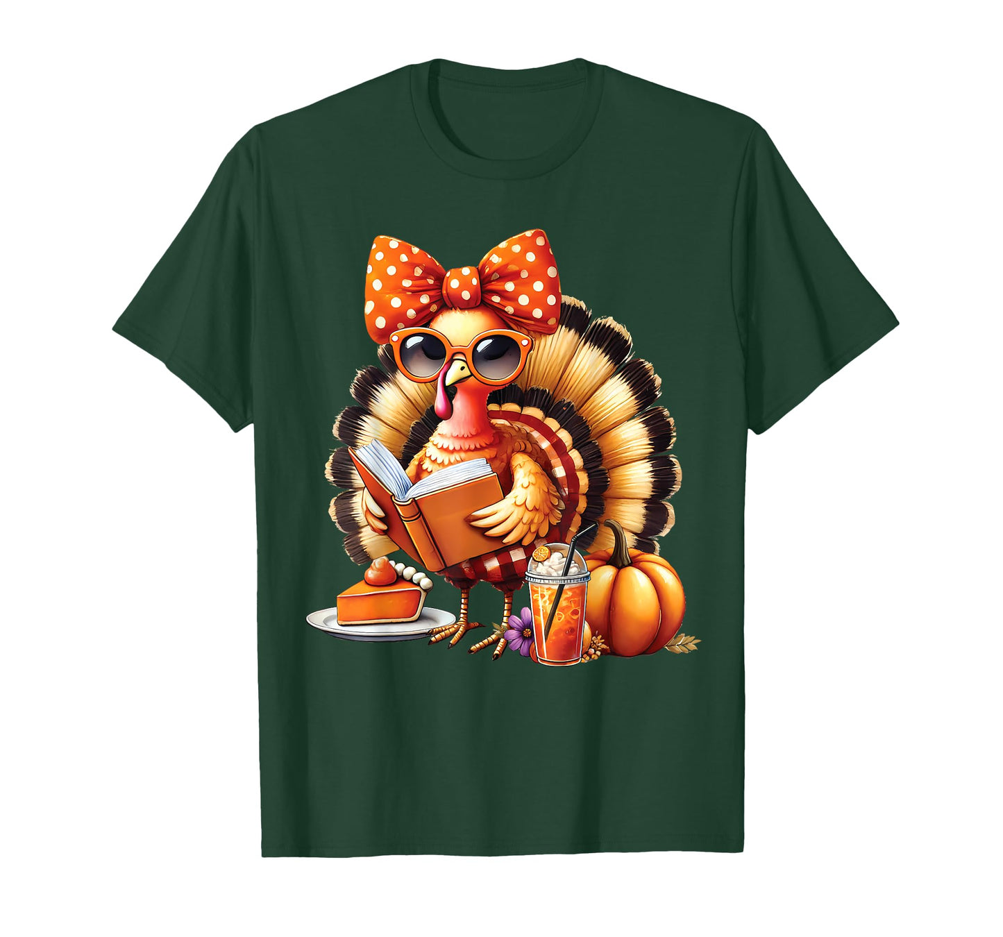Cute Turkey Reading Book Lovers Thanksgiving Bow Womens T-Shirt