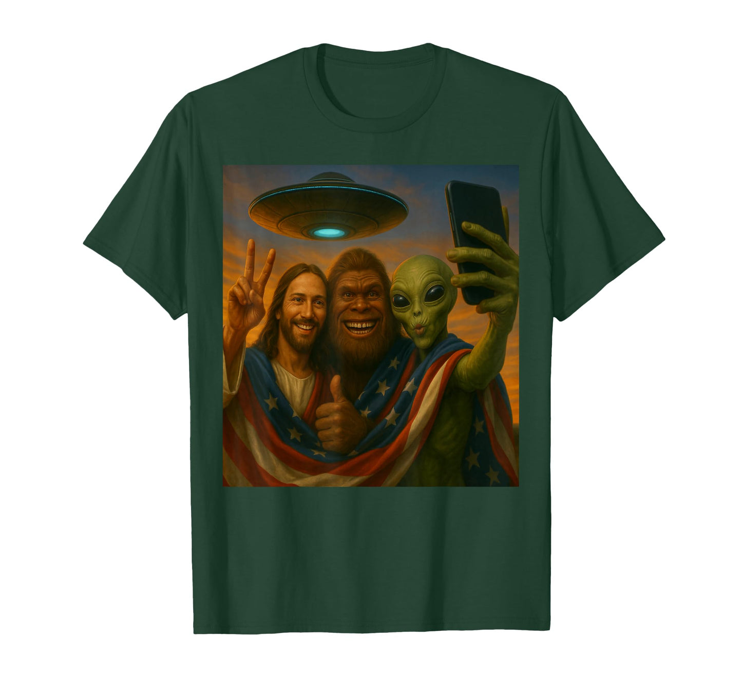 Jesus Christ Alien & Bigfoot Halloween Christmas 4th of July T-Shirt
