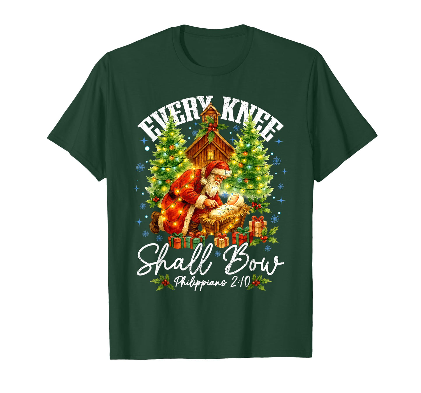 Every Knee Shall Bow Santa Christmas Nativity Scene Xmas T-Shirt