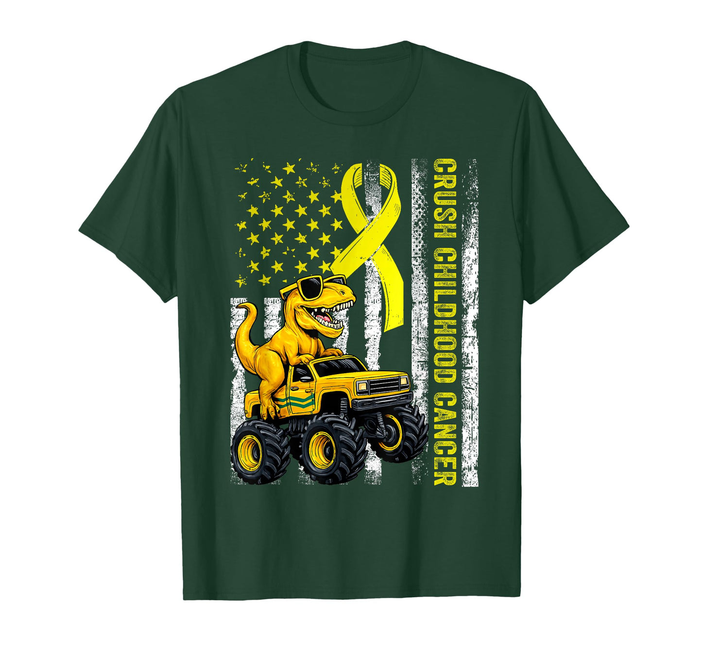 Crush Childhood Cancer 2025 Retro Truck Dinosaur Flag Ribbon T-Shirt