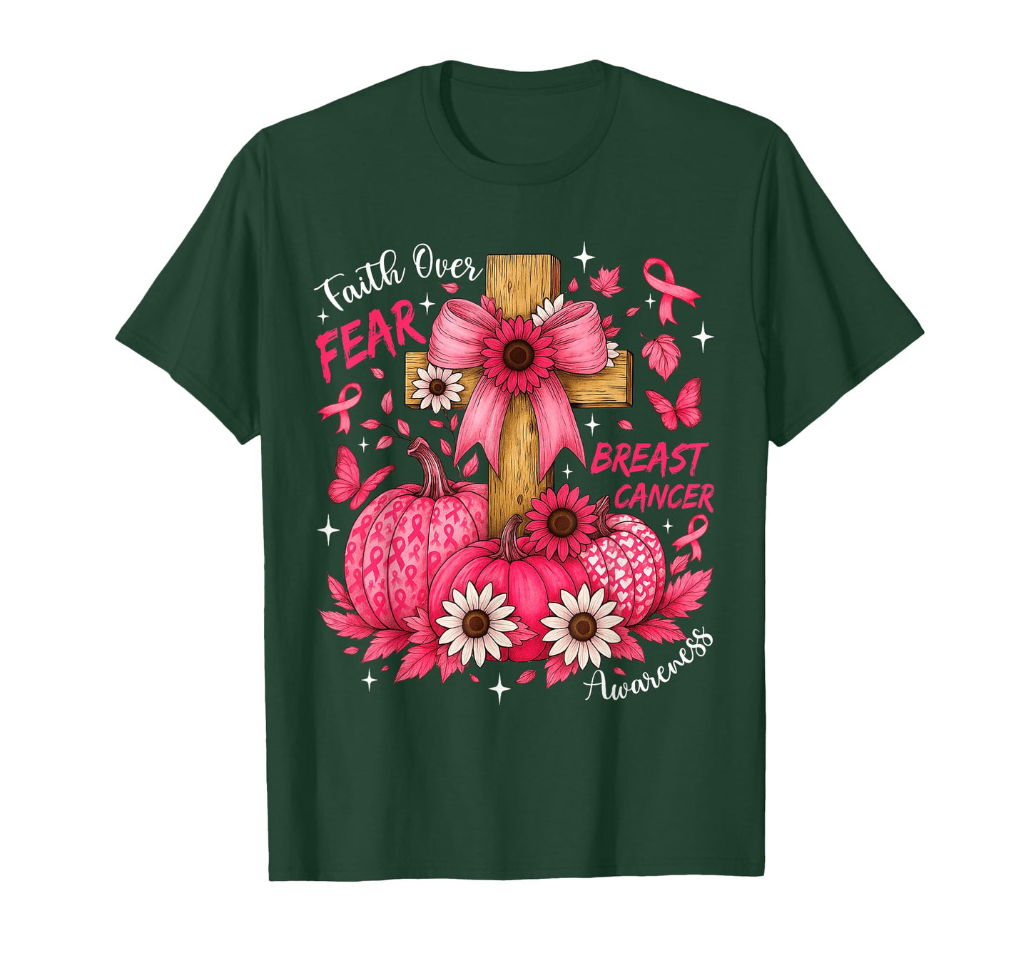 Faith Over Fear Pink Ribbon Pumpkin Breast Cancer Christian T-Shirt
