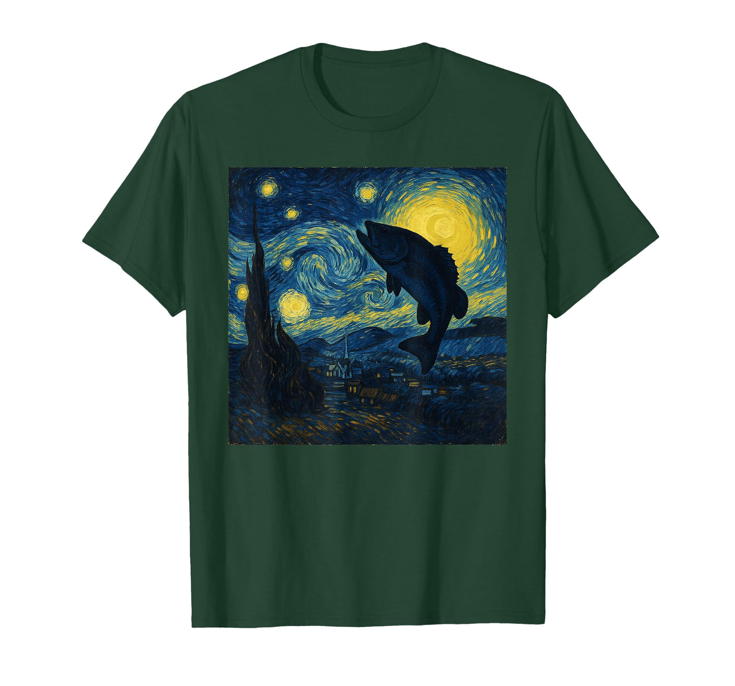 Starry Night Van Gogh Bass Fish Fisherman Funny Graphic T-Shirt
