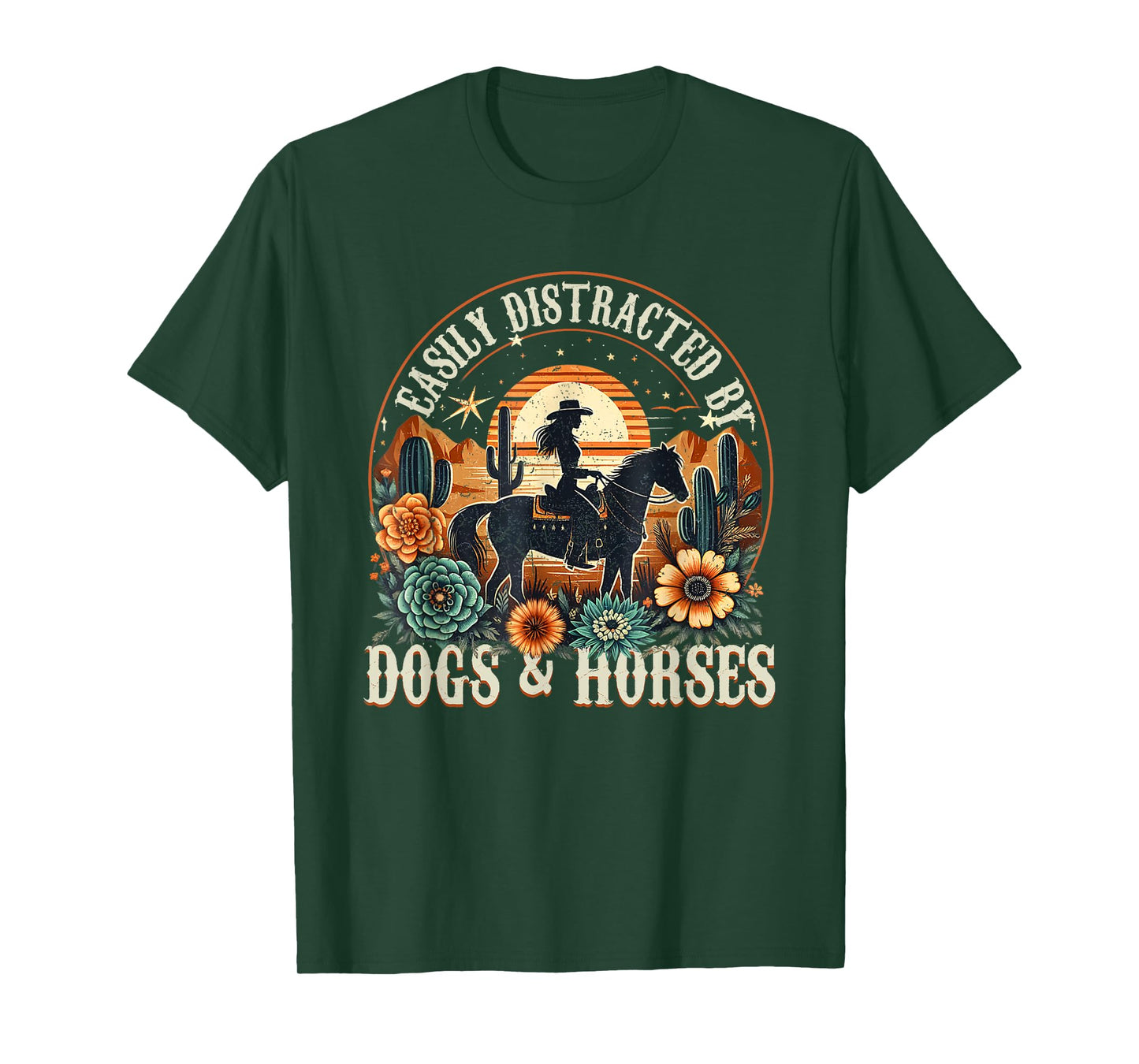 Easily Distracted By Dogs And Horse Funny Horse Retro Sunset T-Shirt
