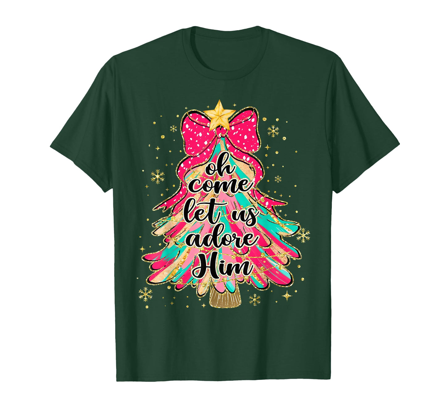 Oh Come Let Us Adore Him Christmas Tree Xmas Christian T-Shirt
