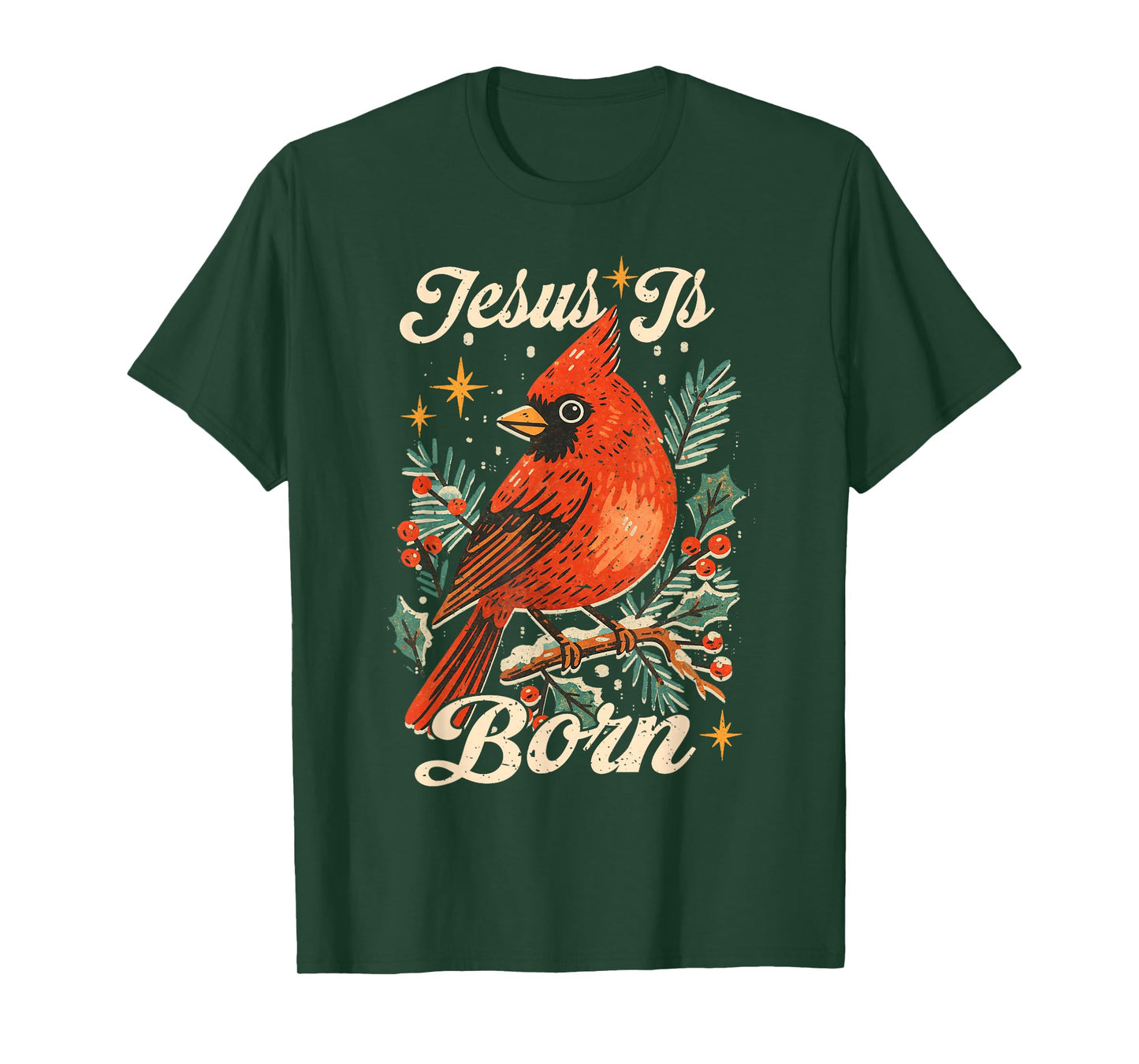 Merry Christmas Cardinal Bird Xmas Vintage Jesus is Born T-Shirt