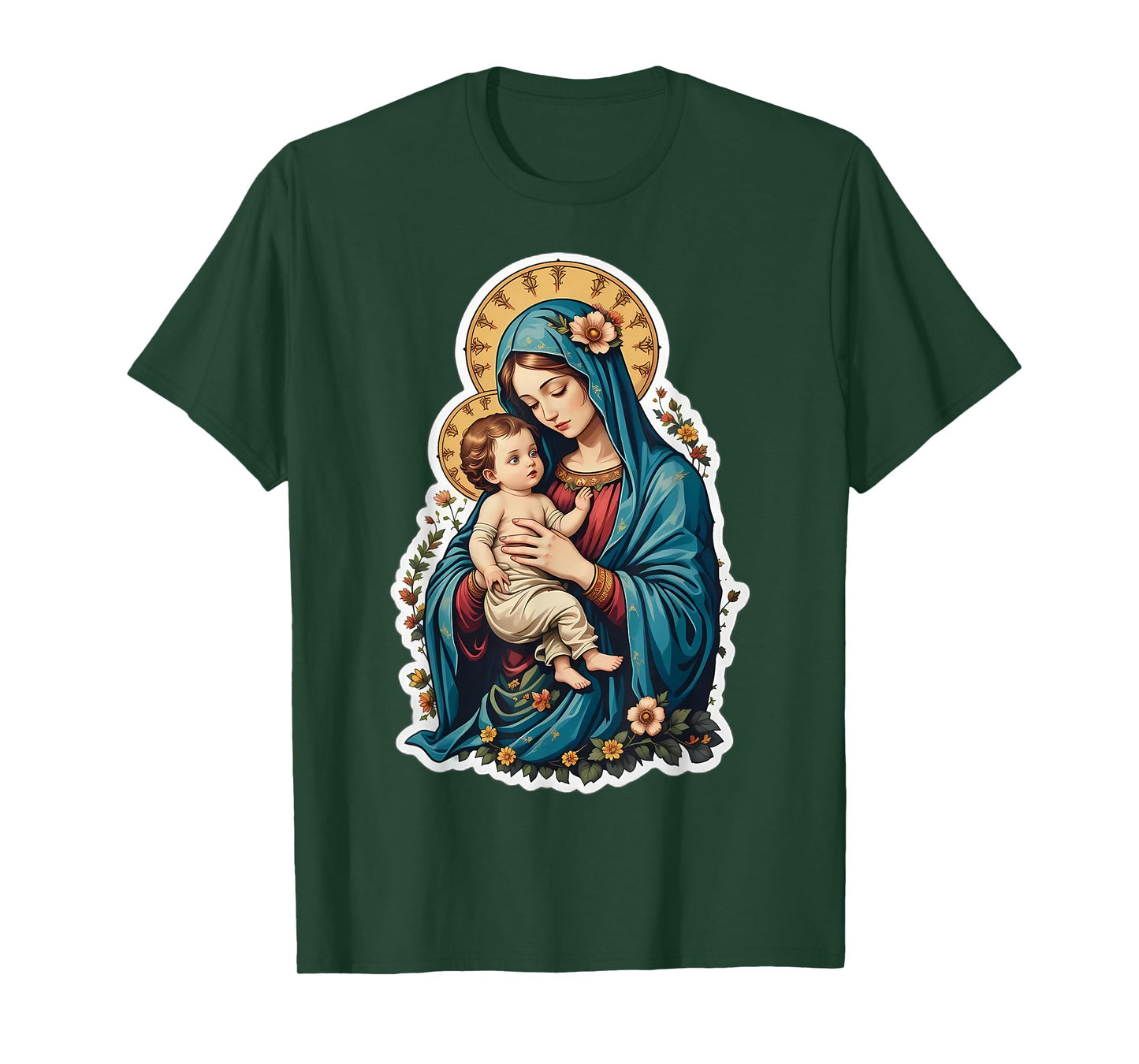 Floral Saint Mary with Baby Jesus Christ Santa Maria Panagia T-Shirt