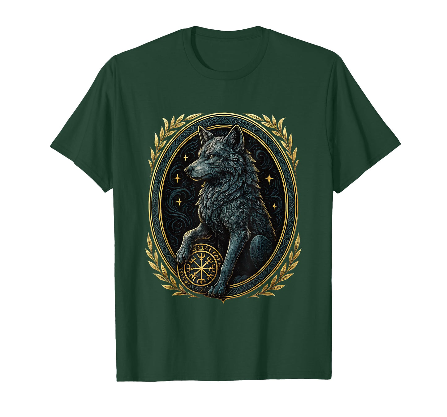 Norse Wolf with Helm of Awe Aegishjalmur Runes Viking Symbol T-Shirt