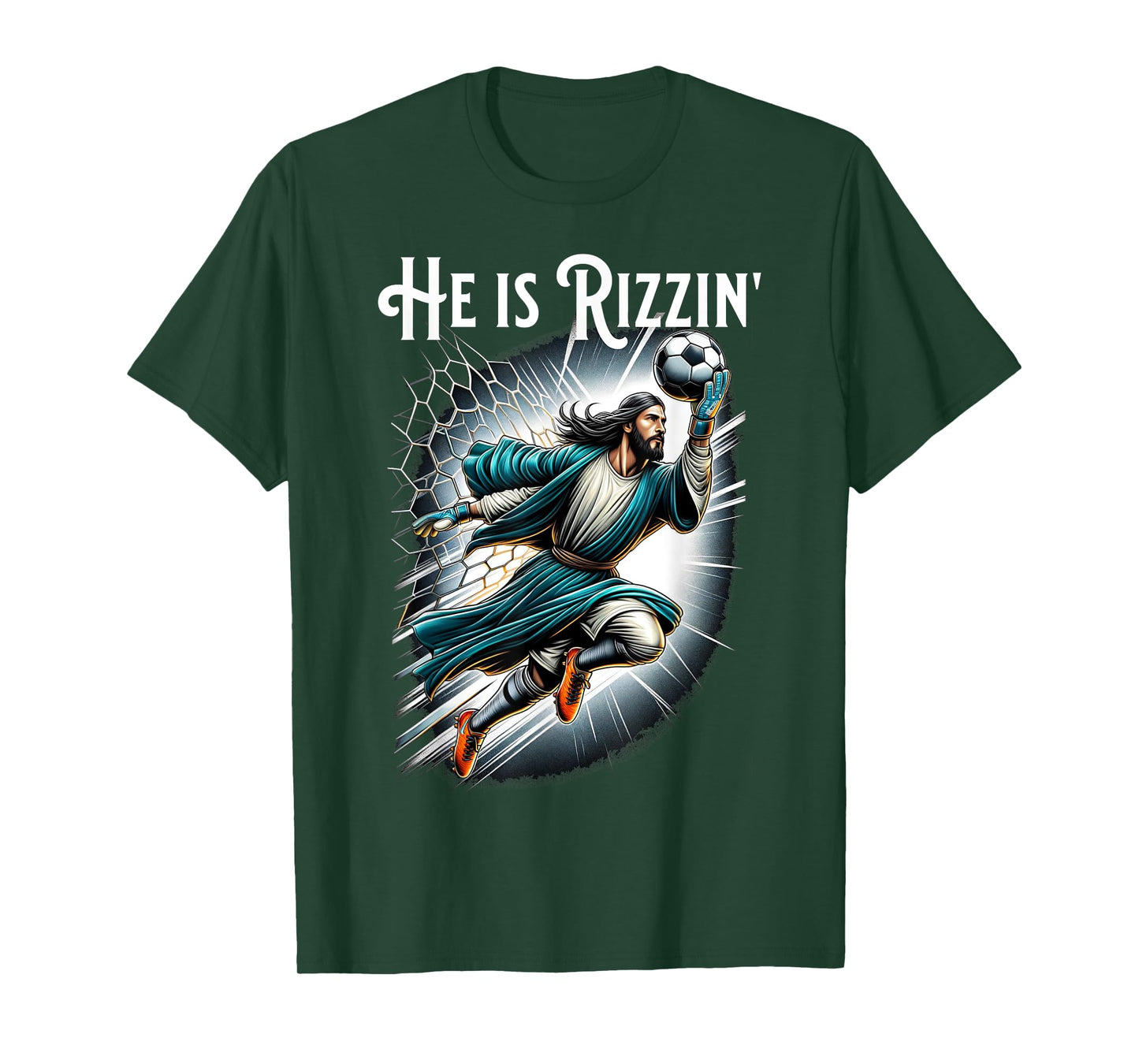 Rizzen Funny Sports Rizz He is Rizzin Jesus Playing Soccer T-Shirt