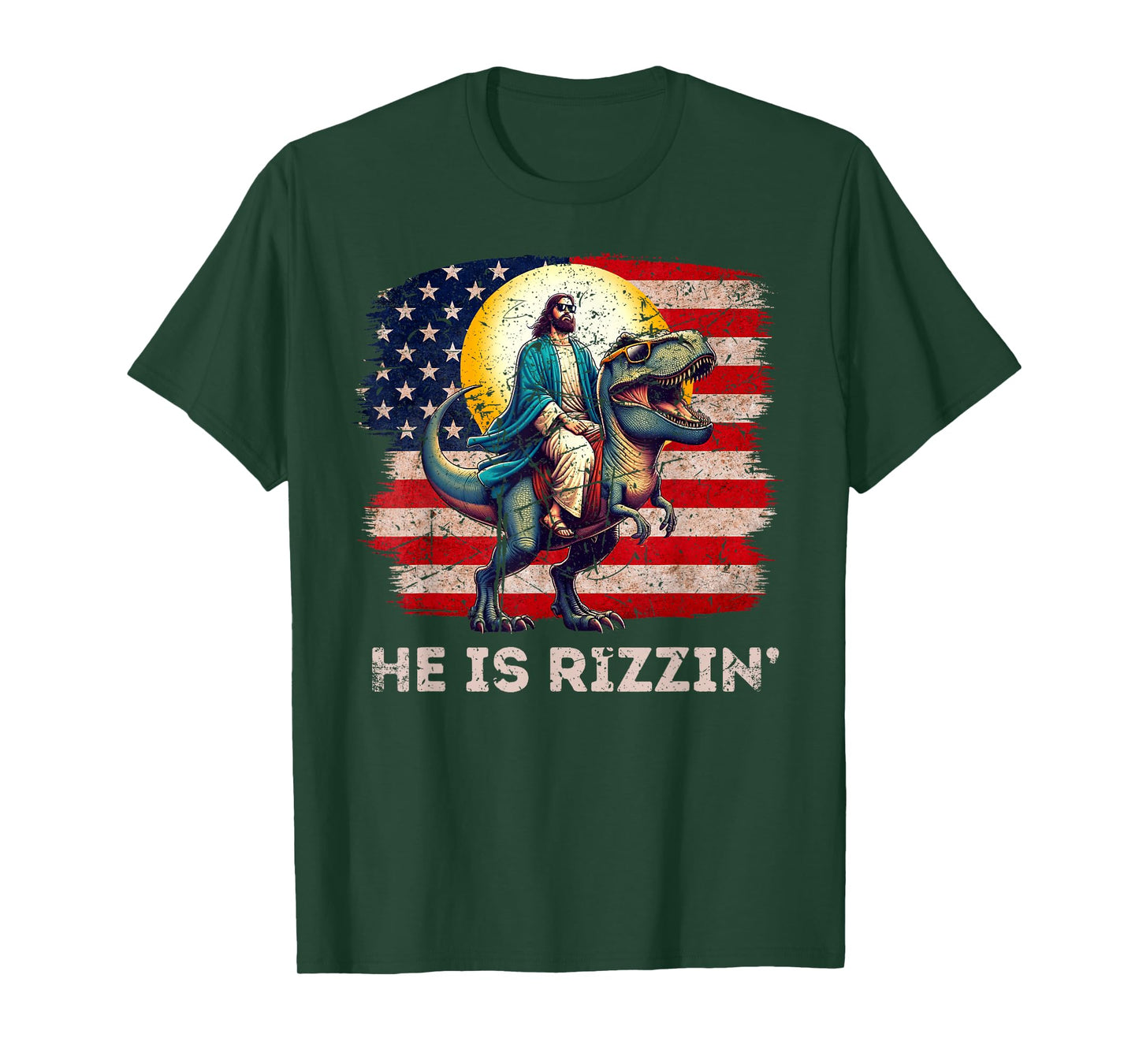 He Is Rizzen Jesus Has Rizzen Retro Christian Dinosaur T-Shirt