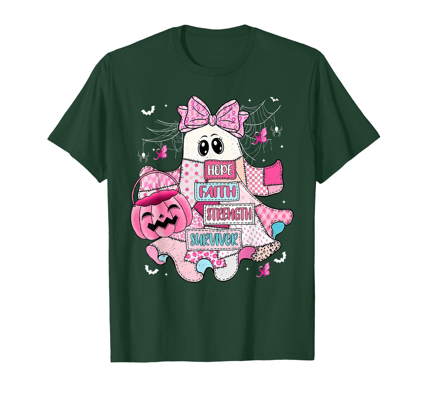 Breast Cancer Ghost Bow Hope Faith Strength Halloween T-Shirt