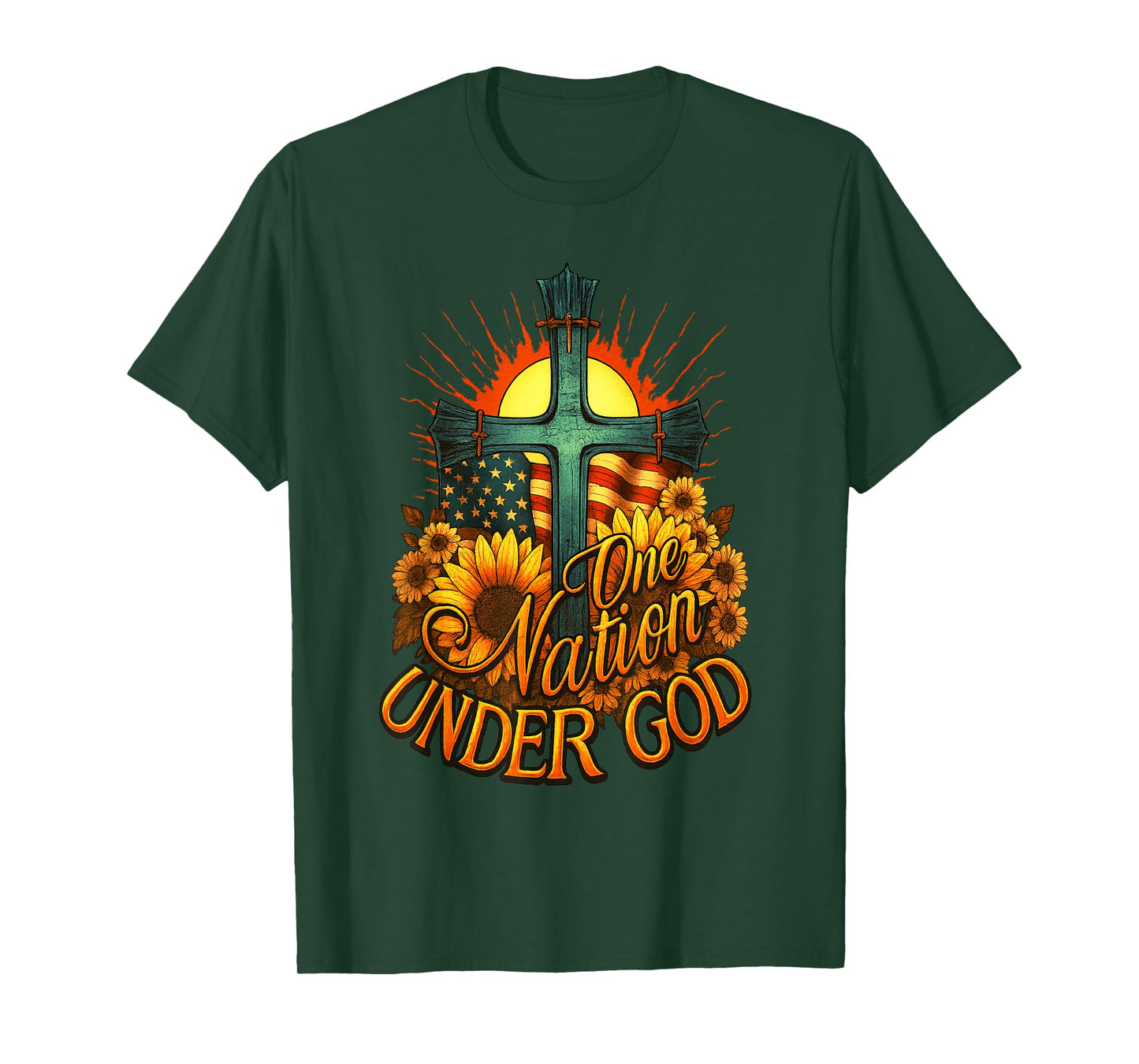 One Nation Under God USA Flag Cross Sunflower Patriotic T-Shirt