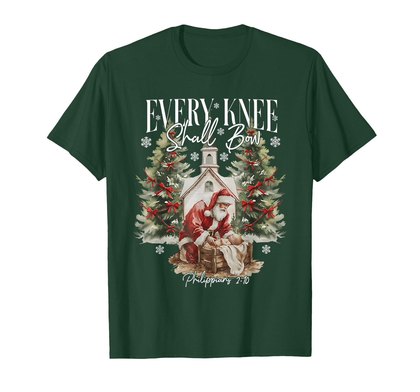 Every Knee Shall Bow Santa Christmas Nativity Scene Xmas T-Shirt