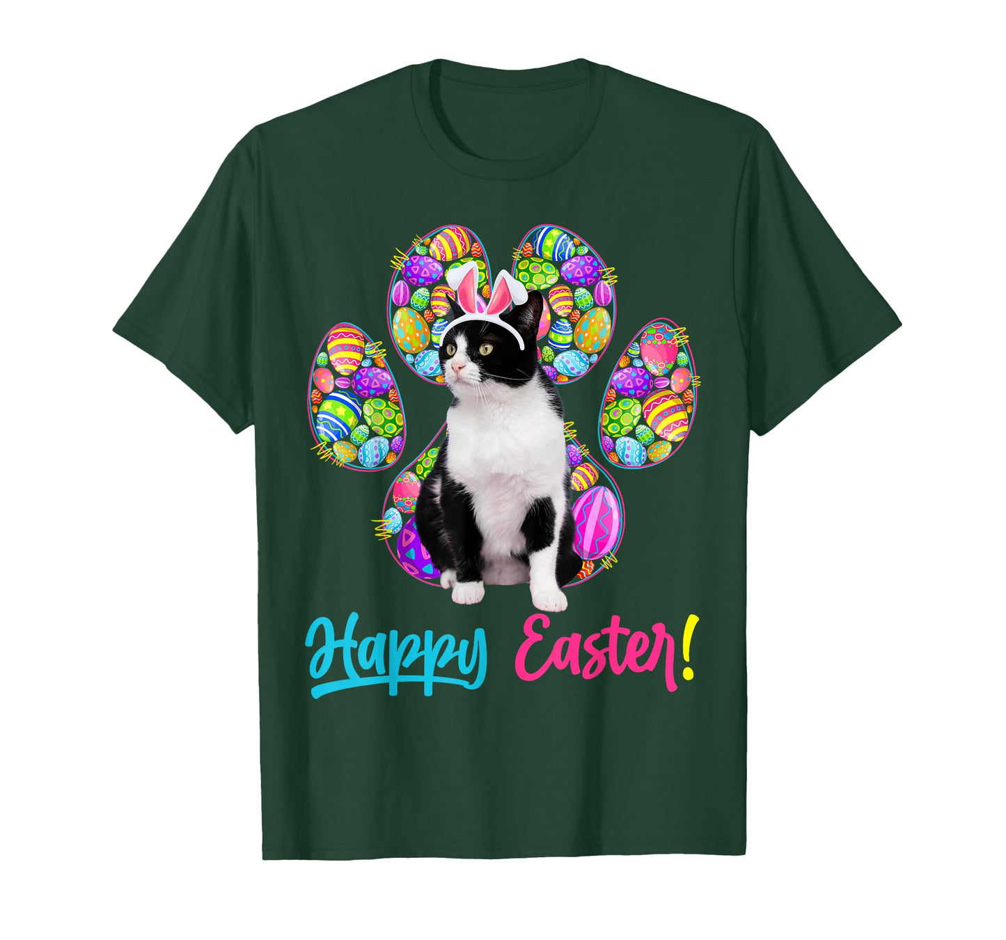 Cute Tuxedo Cat & Bunny Ears Easter Eggs Cat Paw Easter Day T-Shirt
