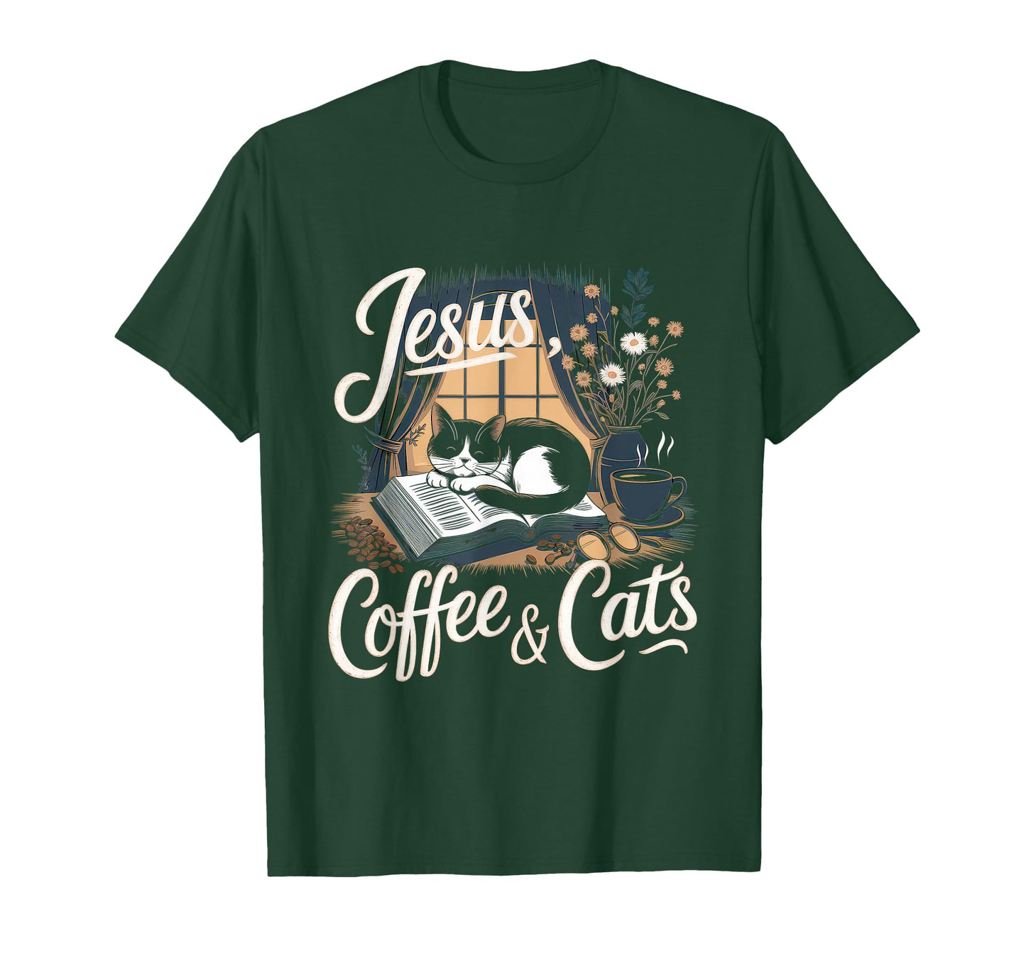 Jesus Coffee Cats Funny Cute Design Jesus Lovers Christian T-Shirt