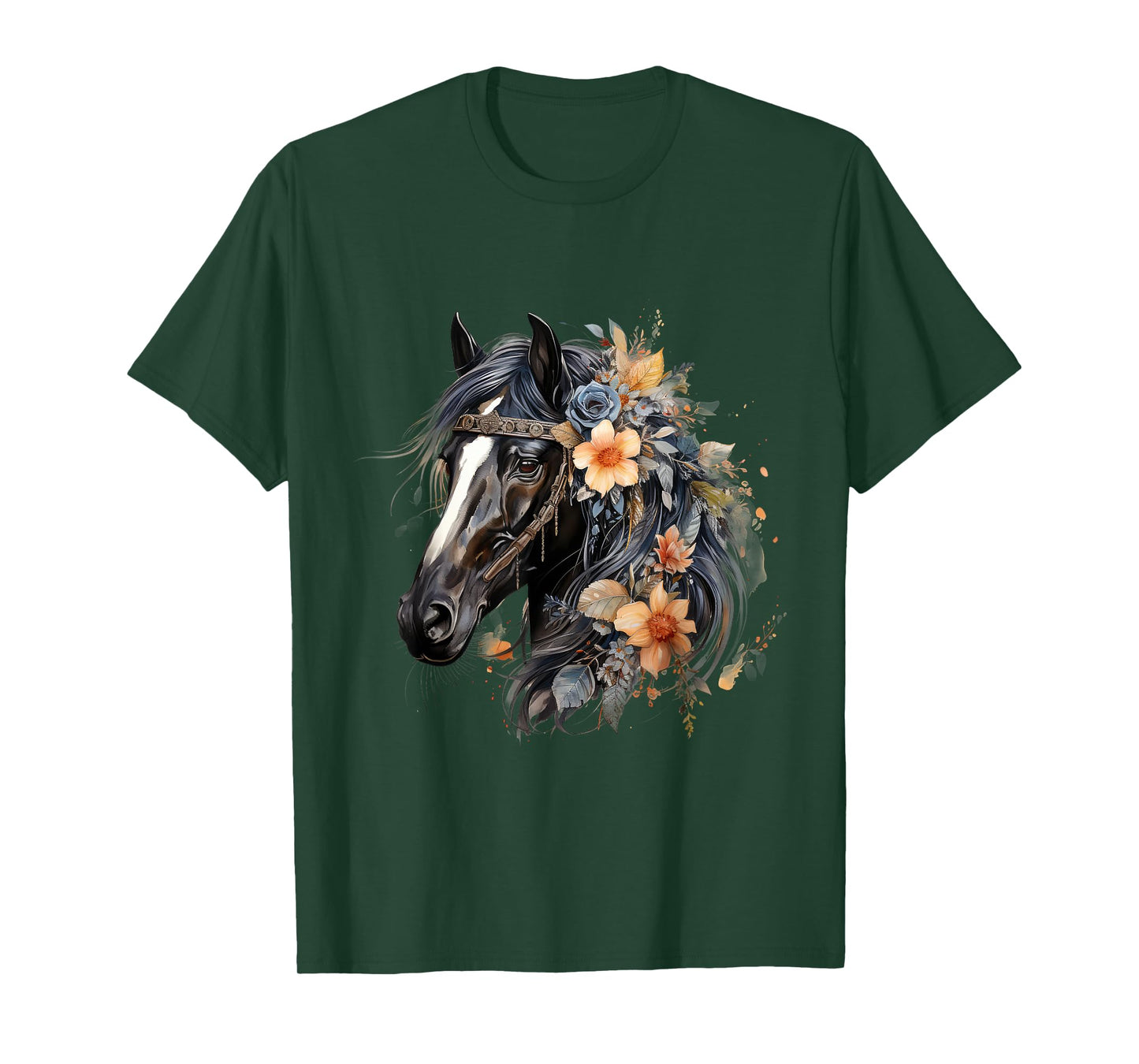 Floral Wild Horse Country Horse Riding T-Shirt, Small, Black