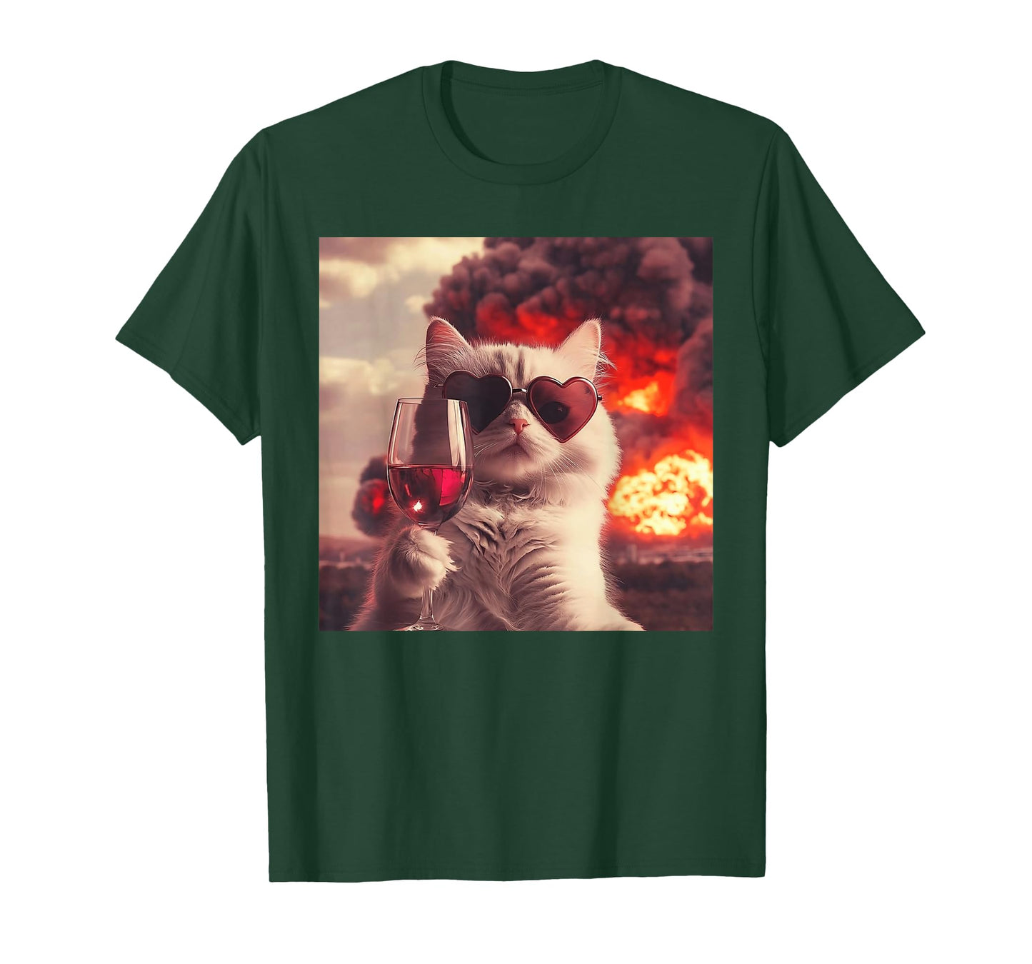 Wacky Cat Holding Wine Selfi with Fire Funny Sunglasses T-Shirt