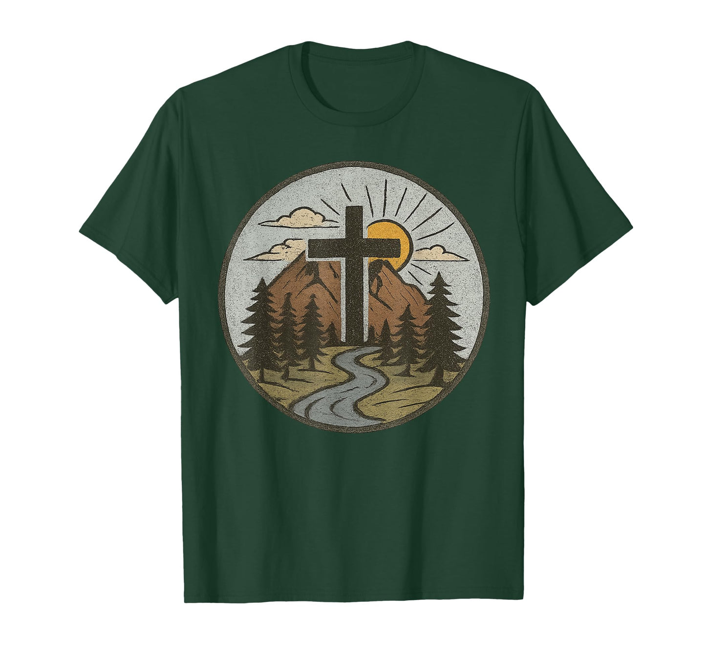Christian Cross Mountains River Sunrise Faith-Inspired T-Shirt