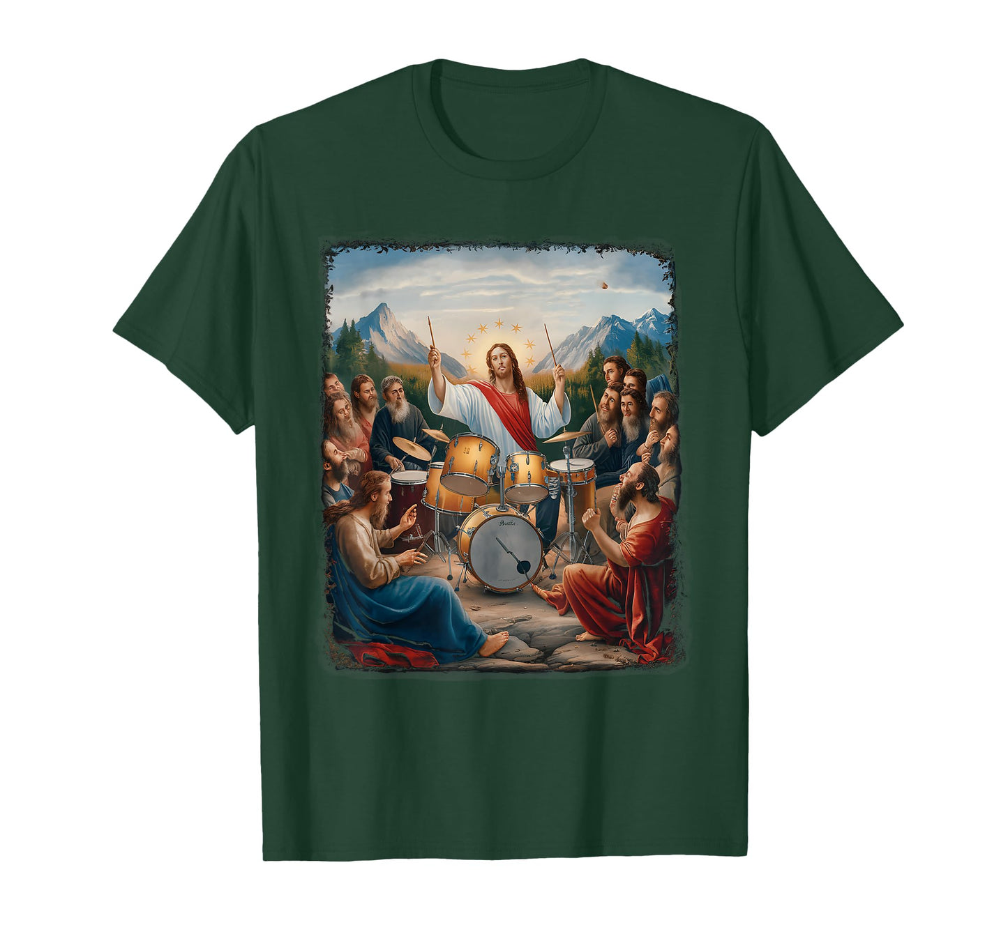 Jesus Playing Drums Funny Christian Drummer Painting T-Shirt