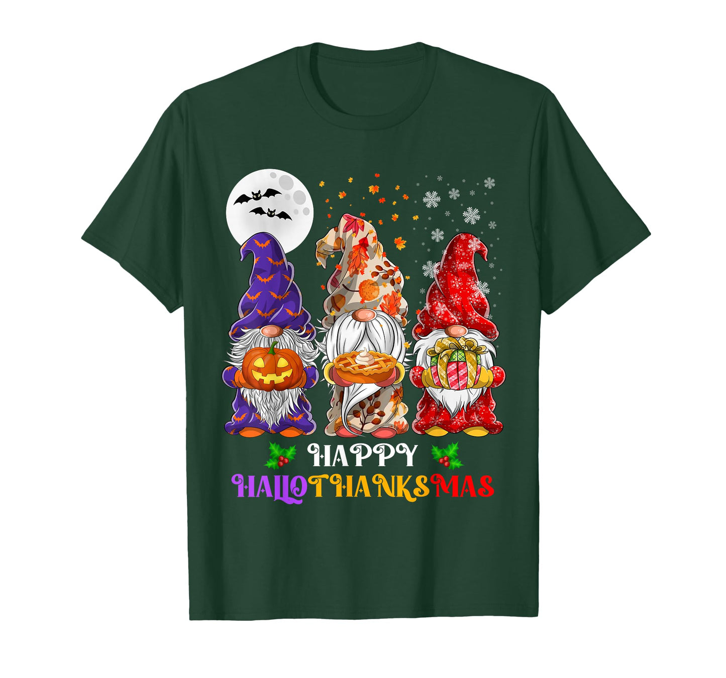 Happy Hallothanksmas Gnome Lover Halloween Thanksgiving Xmas T-Shirt