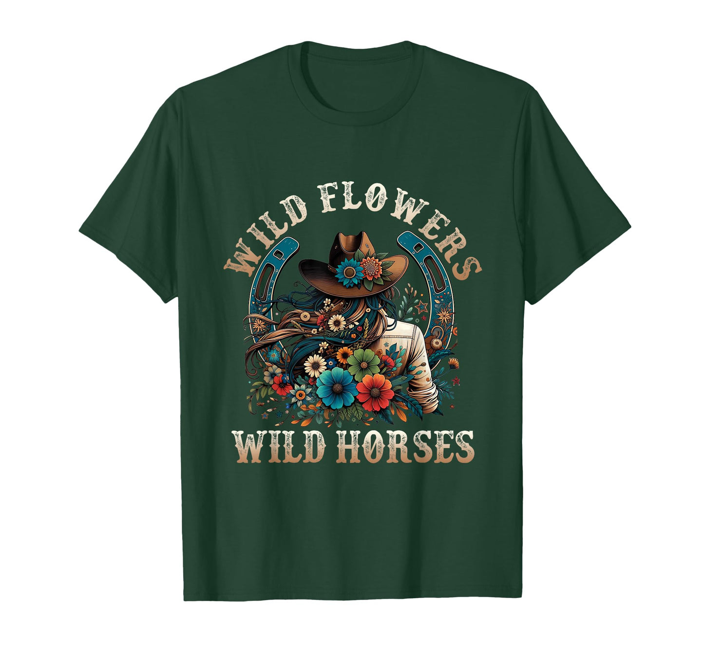 Retro Southern Sunset Cowgirl Wild Flowers - Wild Horses T-Shirt