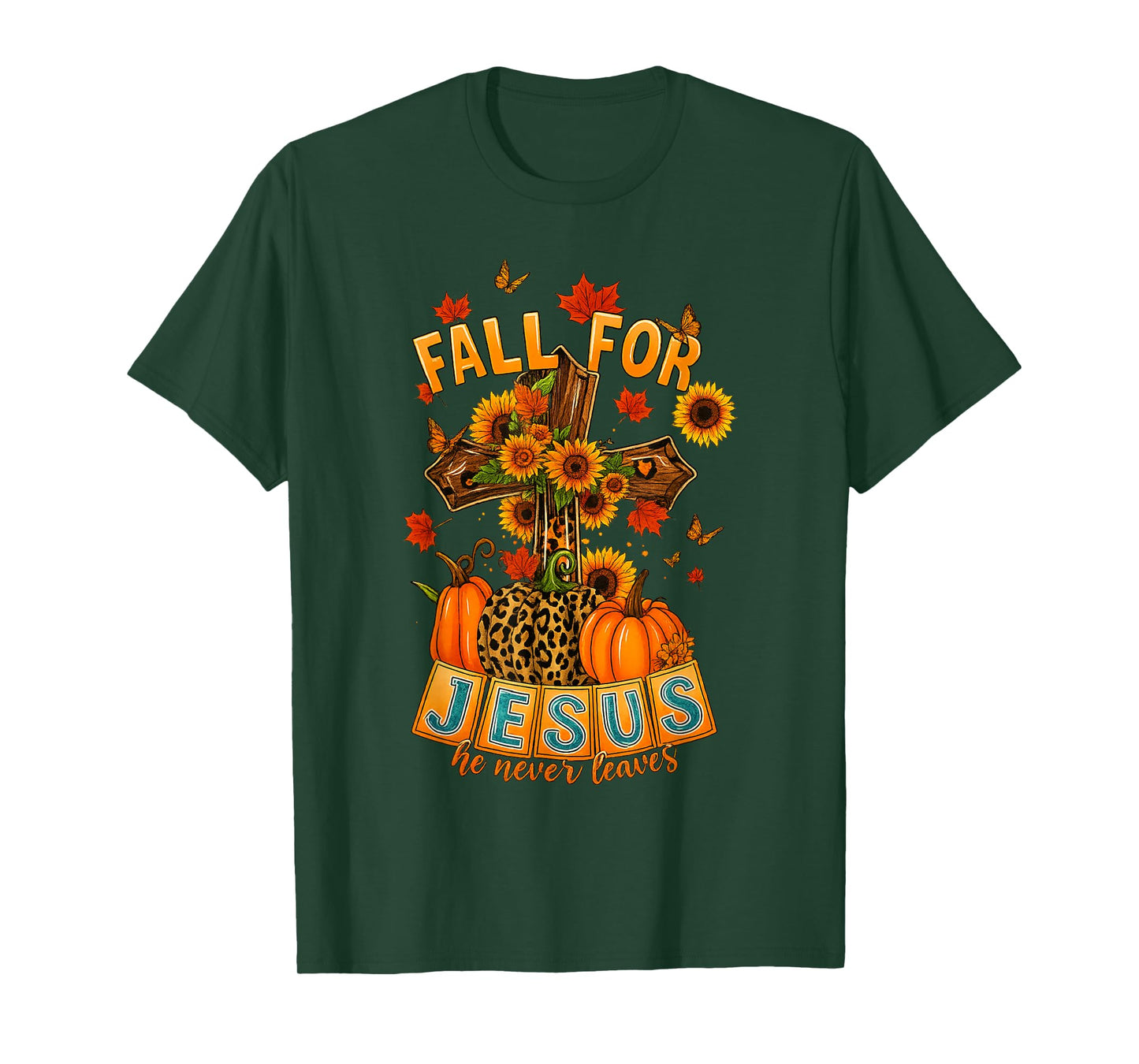 Fall for Jesus He Never Leaves Cross Faith Pumpkin Leopard T-Shirt