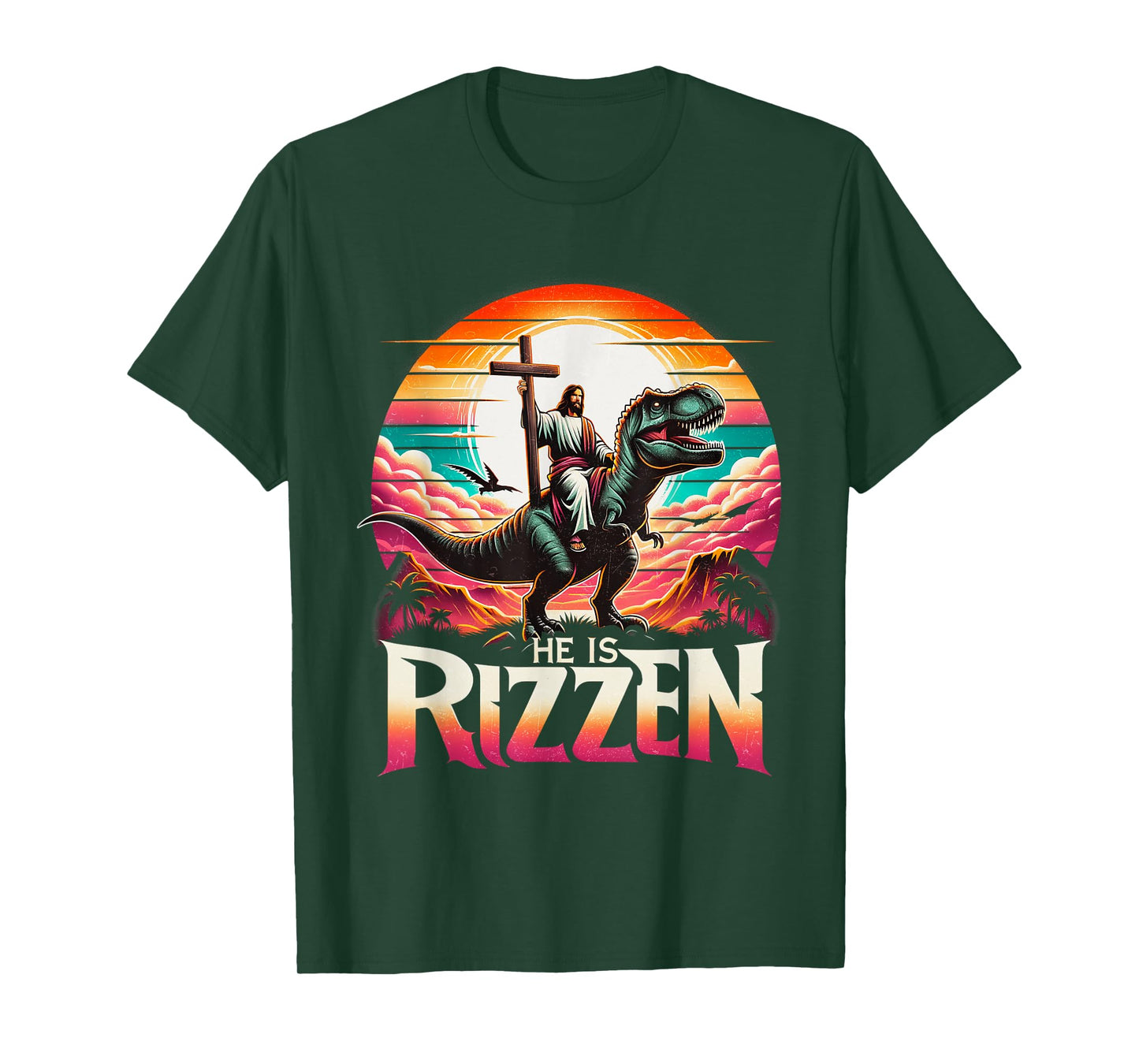 He Is Rizzen Jesus Has Rizzen Retro Christian Dinosaur T-Shirt