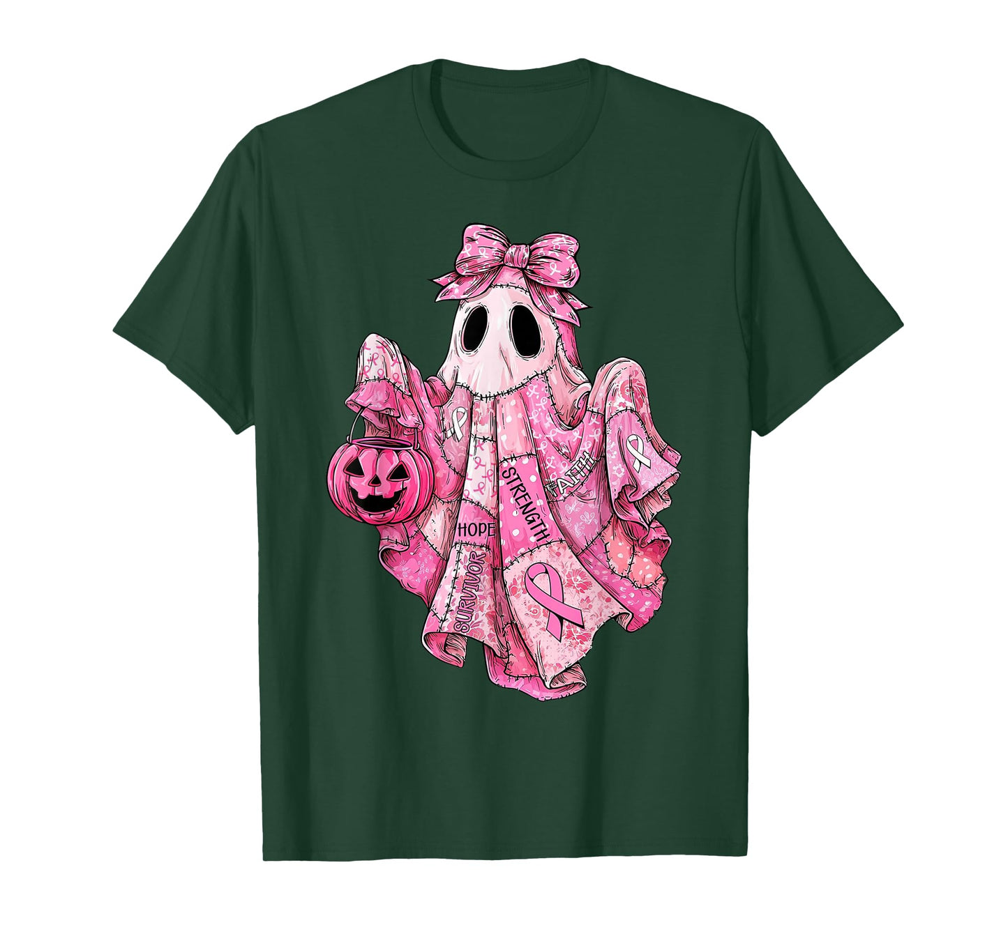 Pink Ribbon Breast Cancer Ghost Spooky Faith Hope Strength T-Shirt