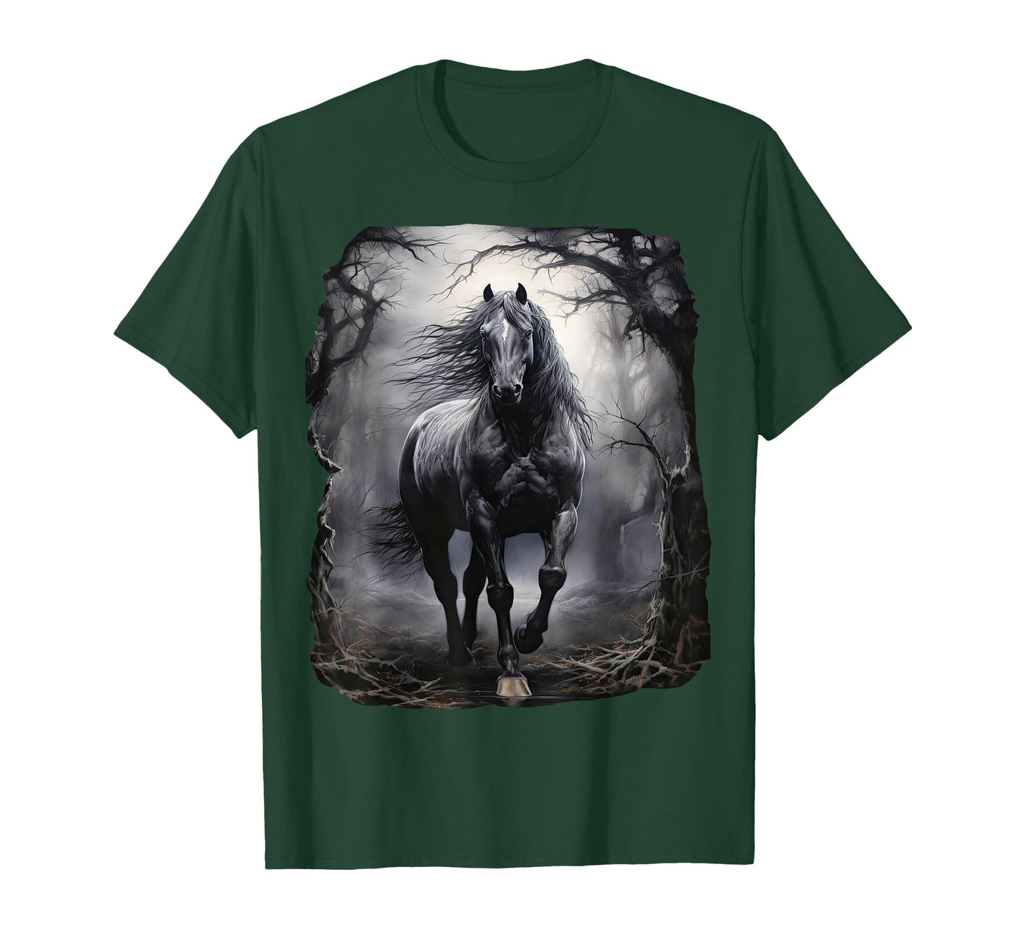 Beautiful black Horse running through the forest by night T-Shirt