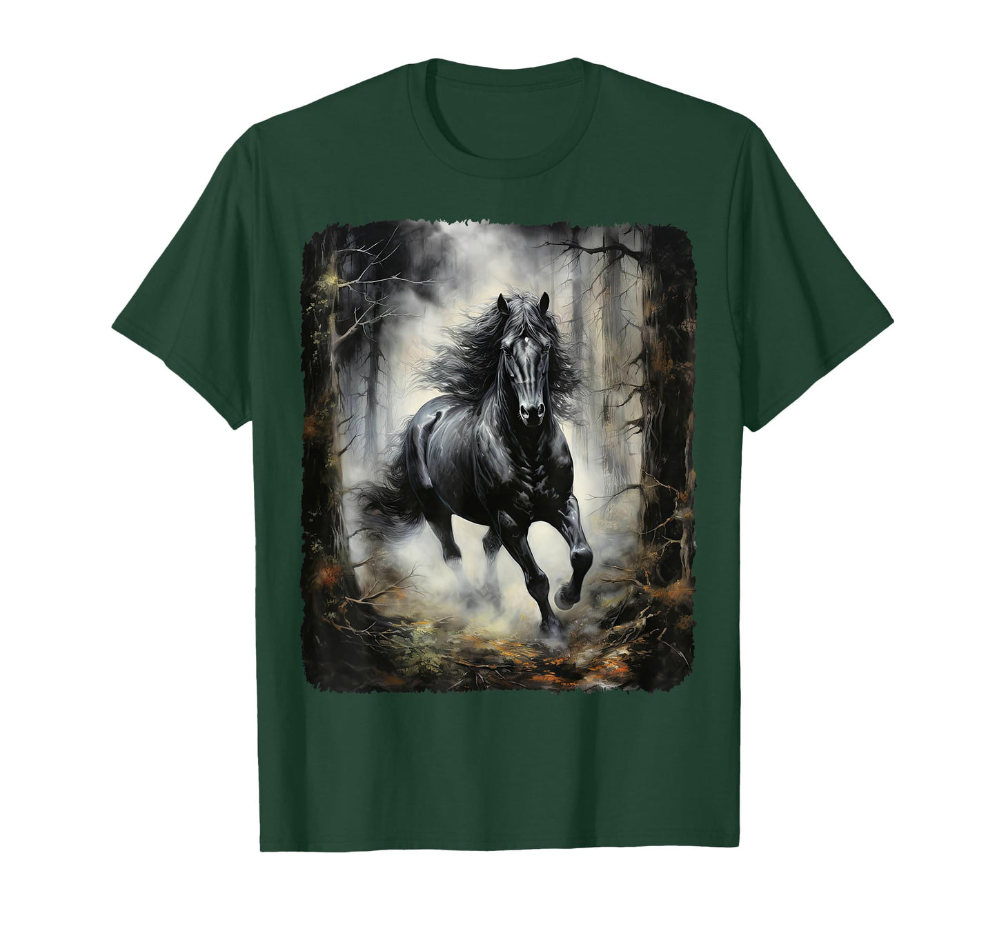 Beautiful black Horse running through the forest by night T-Shirt